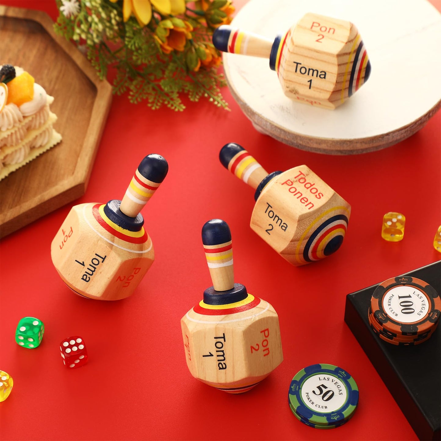 Poen 10 Pieces Large Wooden Toma Todo Bulk, 4.5 Inch Classic Mexican Wood Spinning Top Game For Kids And Adults, Pirinola Toma T