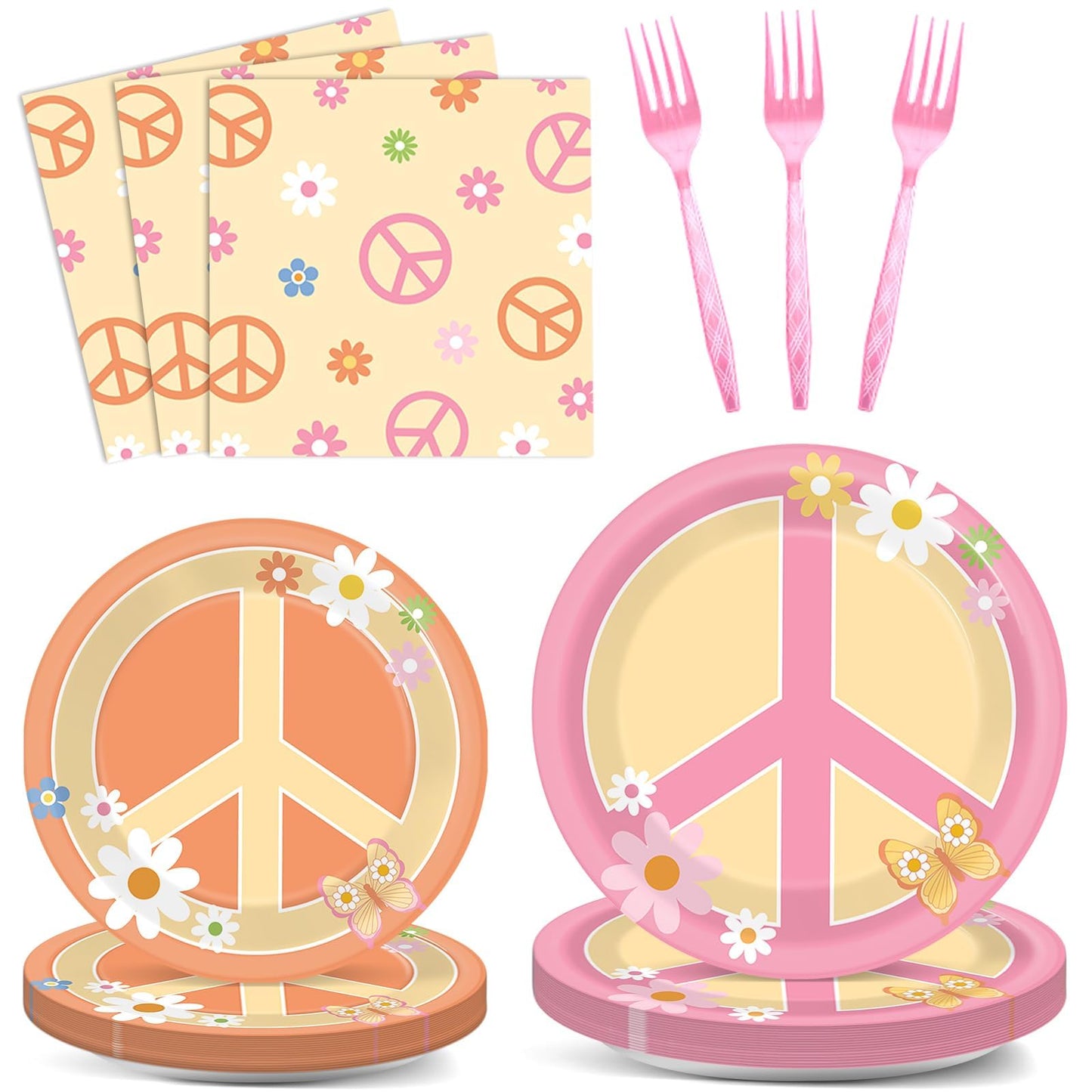 96 Pcs Groovy Birthday Party Supplies For 24 Guests Hippie Peace Sign Tableware Plates Napkins 60'S 70'S Two Groovy Retro Dinnerware Table Decorations Hippie Party Favor For Birthday Baby Shower Decor