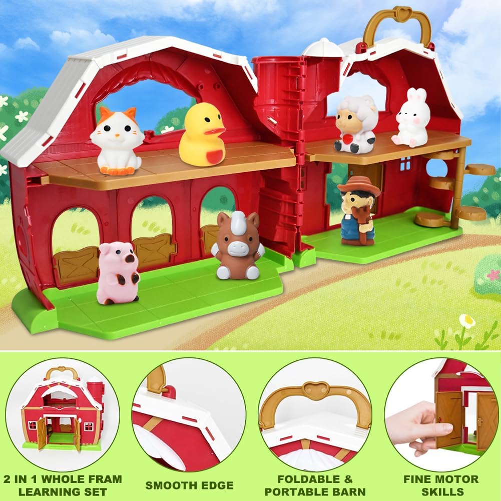 Big Red Barn Toy Farm Animal Finger Puppets For 1-3 Years Old, Pretend Farm Playset With Barn & Farmer, Preschool Montessori Learning Toys, Christmas Birthday Gift For Toddlers Boys Girls