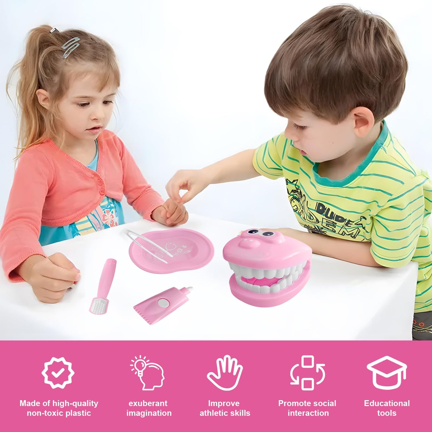 9-Piece Dental Pretend Play Set, Educational Dentist Play Kit With Teeth Model, Toothbrush, Dental Mirror, Syringe, Toothpaste,