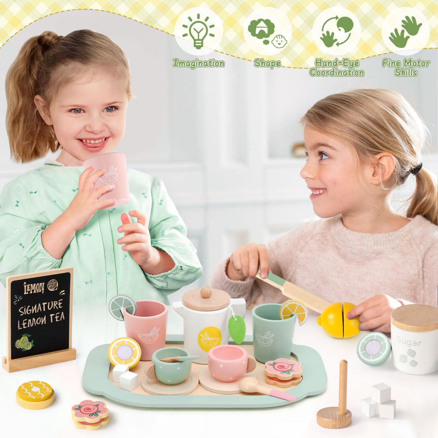 Toyssa Wooden Tea Party Set for Little Girls Toys Toddler Tea Set with Play Kitchen Accessories & Lemonade Stand & Black Board,