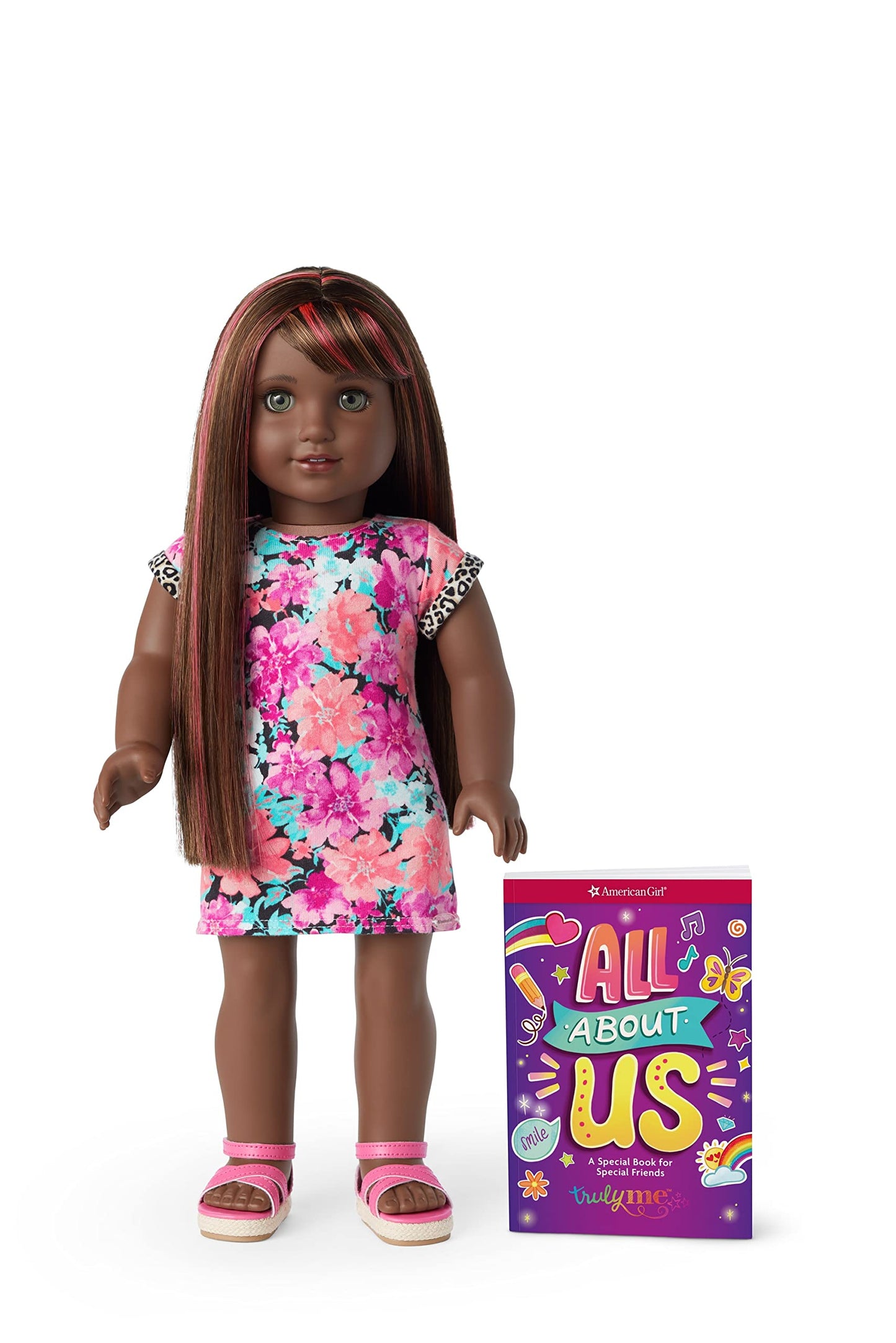 American Girl Truly Me 18-Inch Doll 109 With Gray Eyes, Straight Dark-Brown Hair With Bangs, Caramel And Pink Highlights, Very Deep Skin With Neutral Undertones, Floral Printed T-Shirt Dress