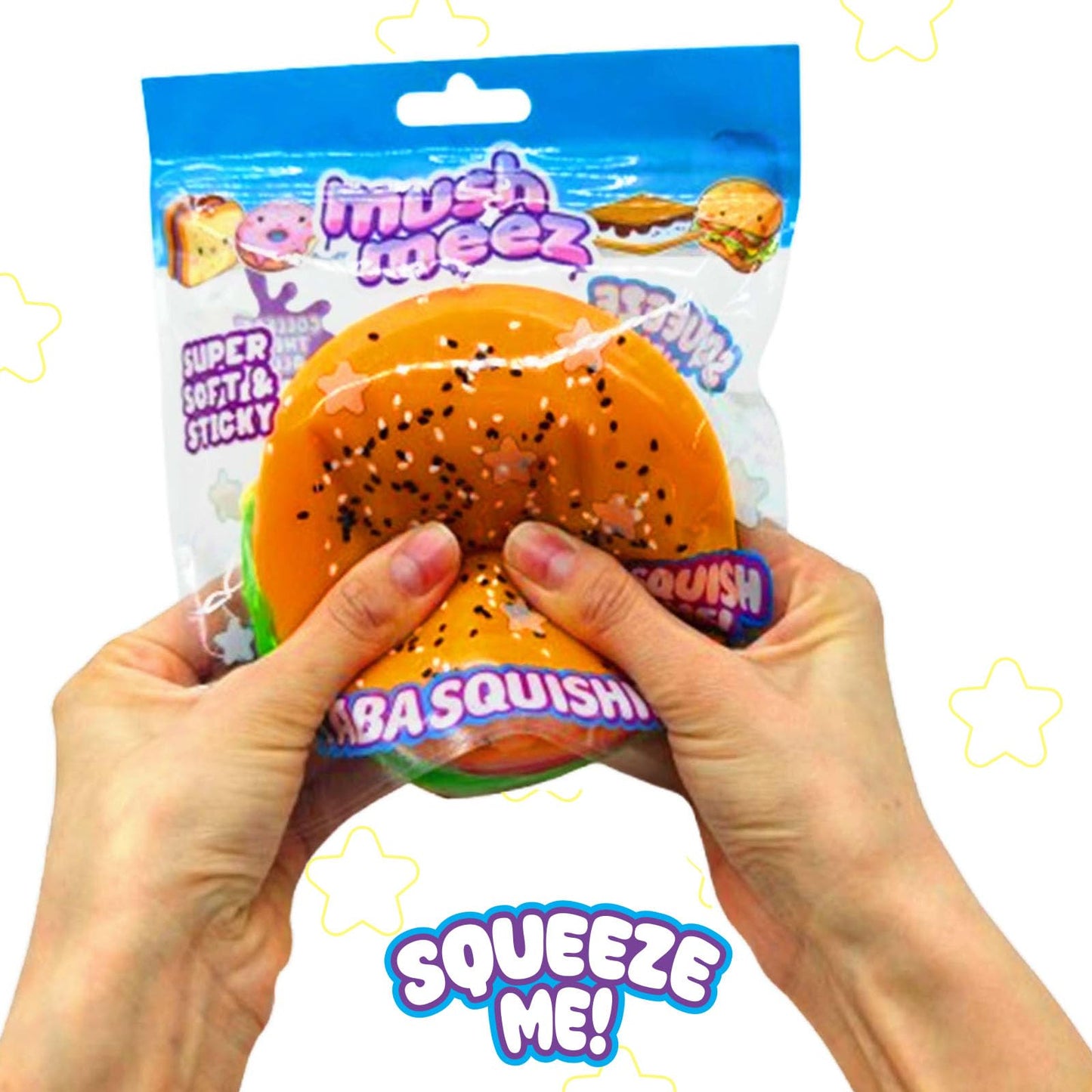 MushMeez Taba Squishy - Burger (Jumbo) Large, 3.5 Super Soft & Sticky Layered TABA Squishies - Squish, Squeeze, Great for Stress