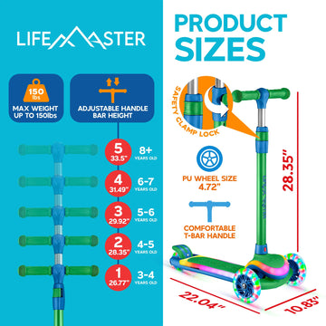 3-Wheel Kids Scooter With Multi-Color Lights On Deck & Wheels - 5-Height Adjustable Handlebar, Wide Anti-Slip Deck, Child Safety