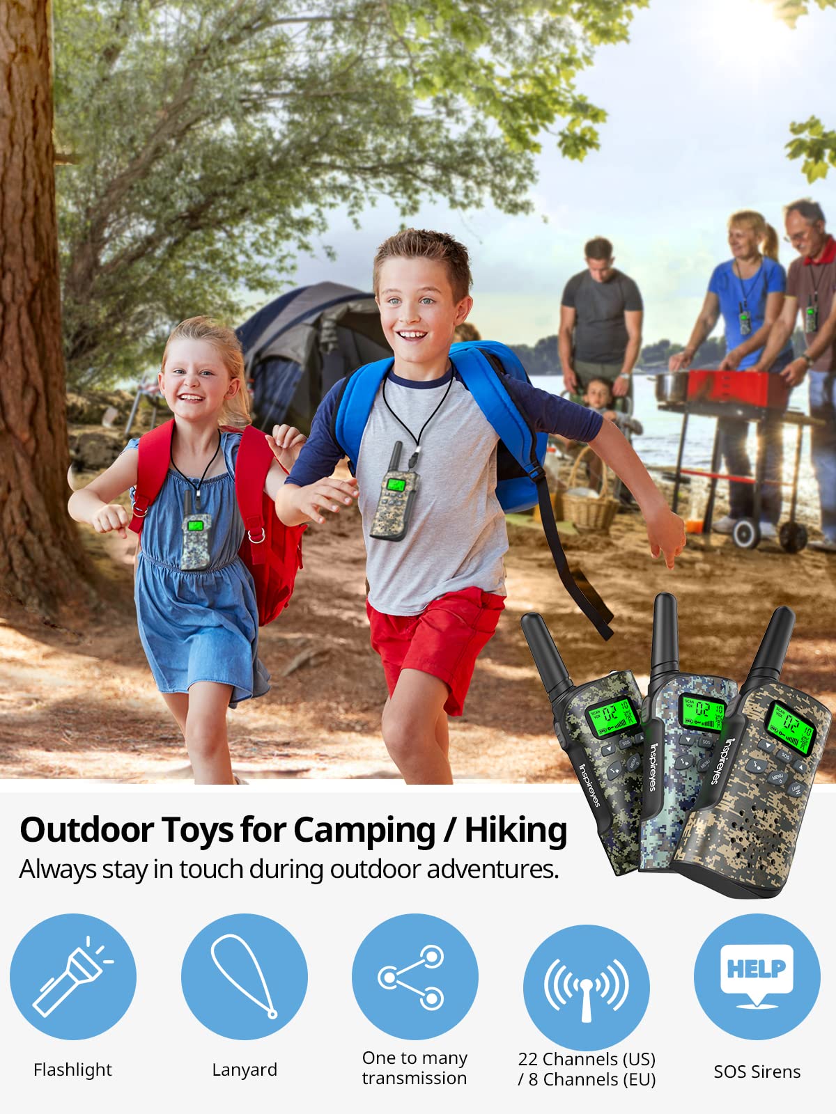 Inspireyes Walkie Talkies For Kids Rechargeable, 48 Hours Working Time 2 Way Radio Long Range, Outdoor Camping Games Toy Birthday Xmas Gift For Boys Age 8-12 3-5 Girls, 3 Pack Camouflage