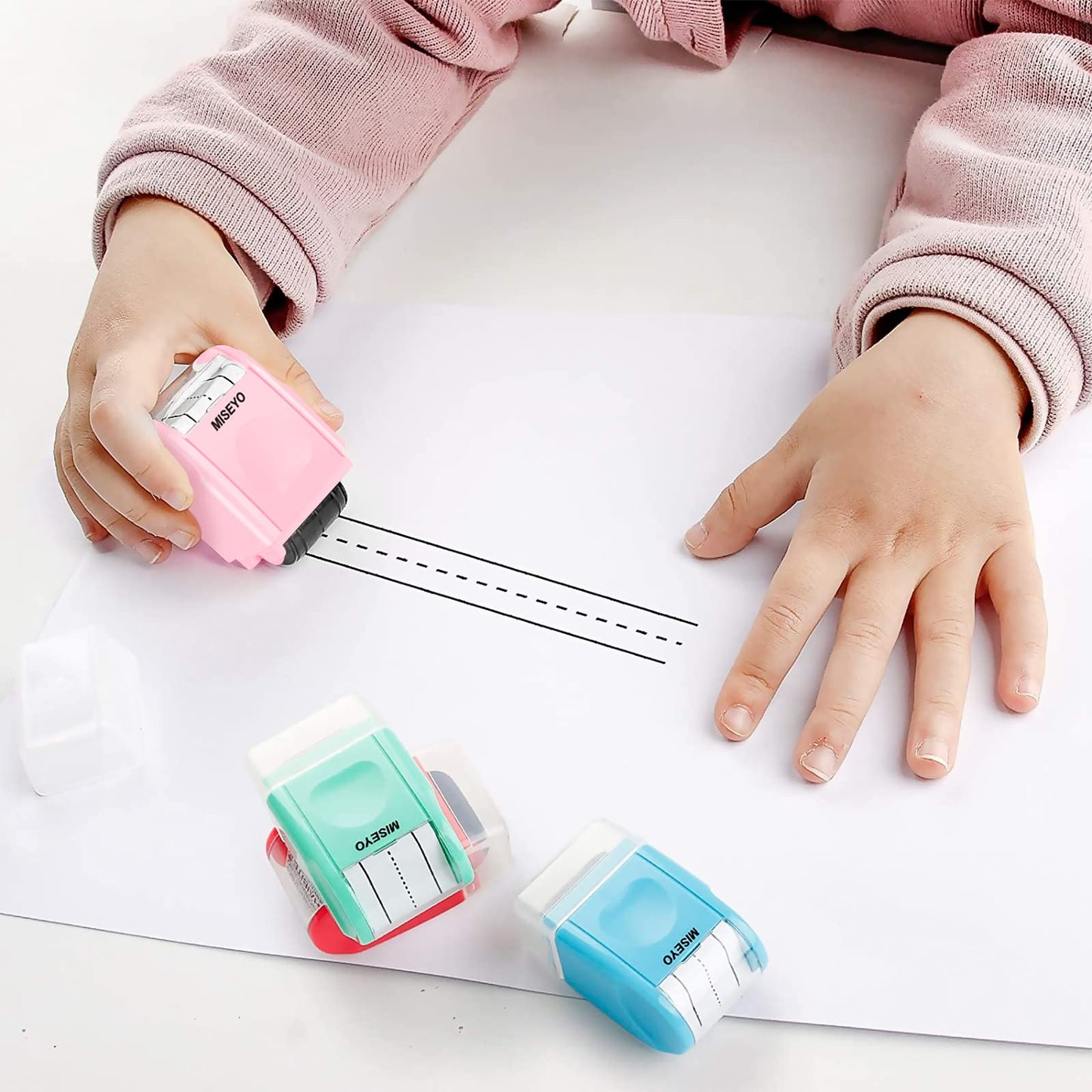 Miseyo Dashed Handwriting Lines Practice Roller Stamp,Self-Inking Line Rolling Stamps for Kids Writing - Pink
