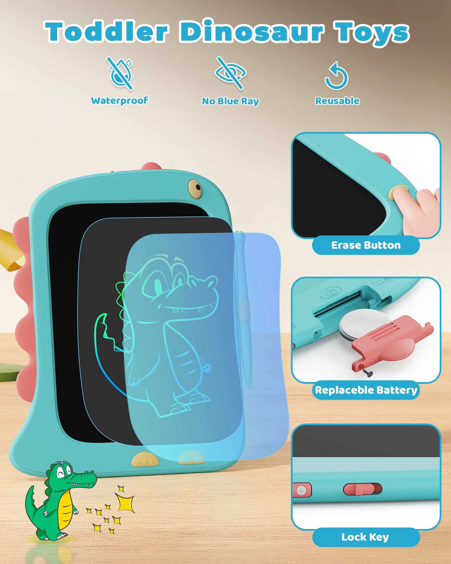 Kokodi Lcd Writing Tablet Doodle Board, 3 4 5 6 Year Old Boys Toys Gifts, 8.5 Inch Drawing Pad Airplane Travel Road Trip Essentials, Dinosaur Toddler Kids Games Birthday Christmas Stocking Stuffers