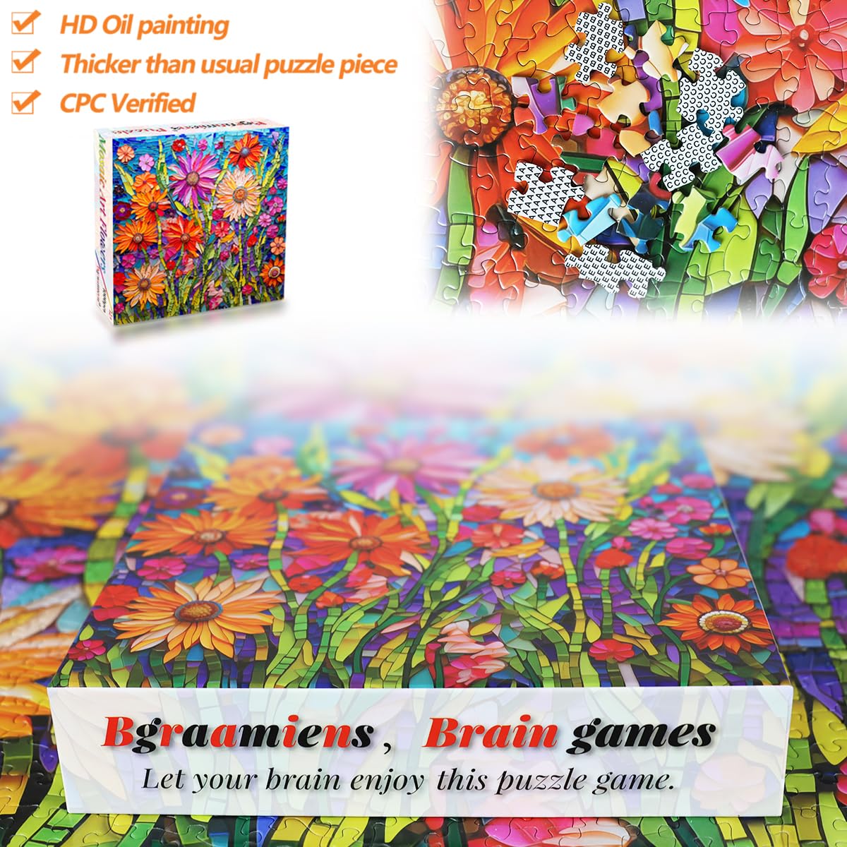 Bgraamiens Puzzle-Mosaic Art Flowers-1000 Pieces Mosaic Art Paper Puzzle For Adults, Stained Glass Art Puzzle With Flowers, Impossible Puzzle Color Challenge Flowers Puzzle For Adults