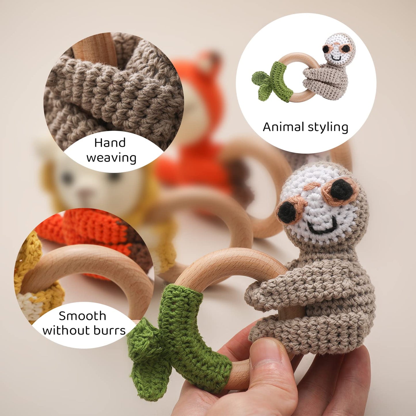 Wooden Teether Crochet Baby Rattle, Crochet Baby Toys, Organic Wooden Newborn Toys, Newborn Animal Rattle Toys,Knitted Stuffed A