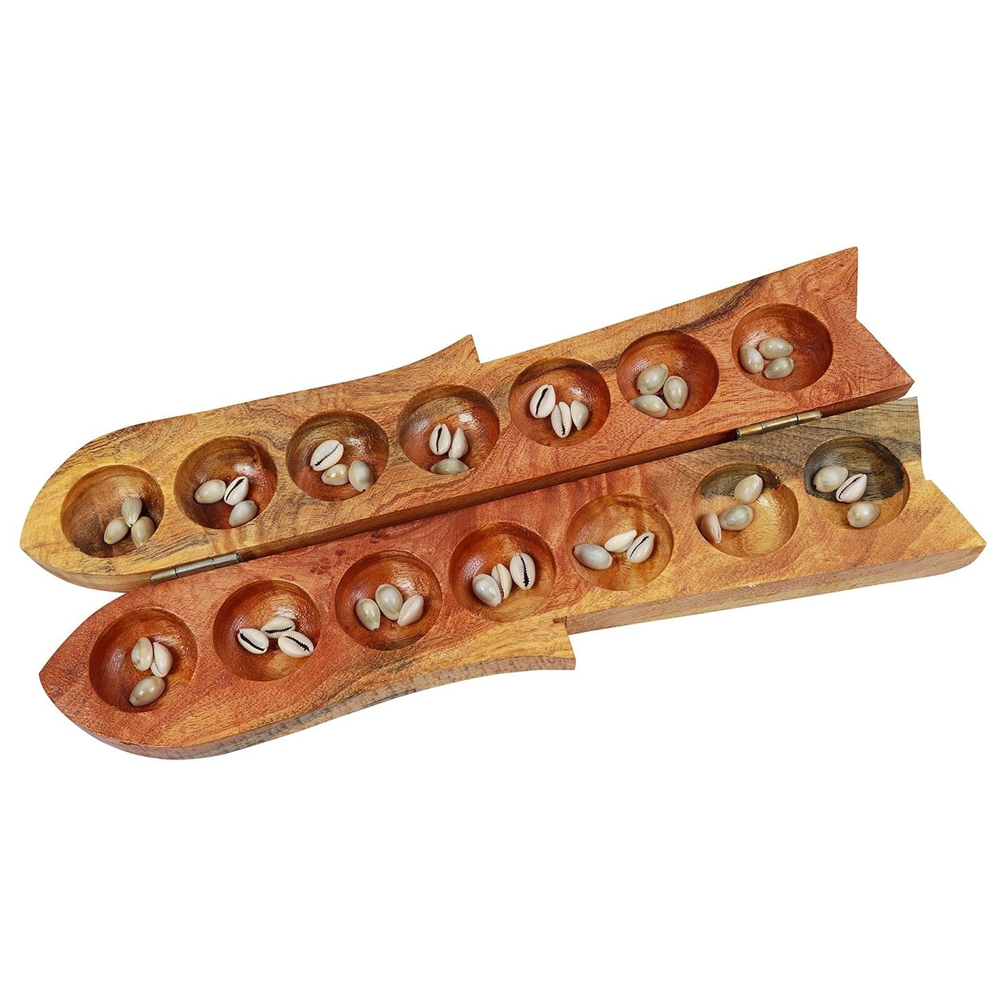 Paljji Handicrafts Vamana Guntalu/Pallanghuzi/Mancala Wooden Board Game With Sea Shells, Storage Bag (Fish - Polished)