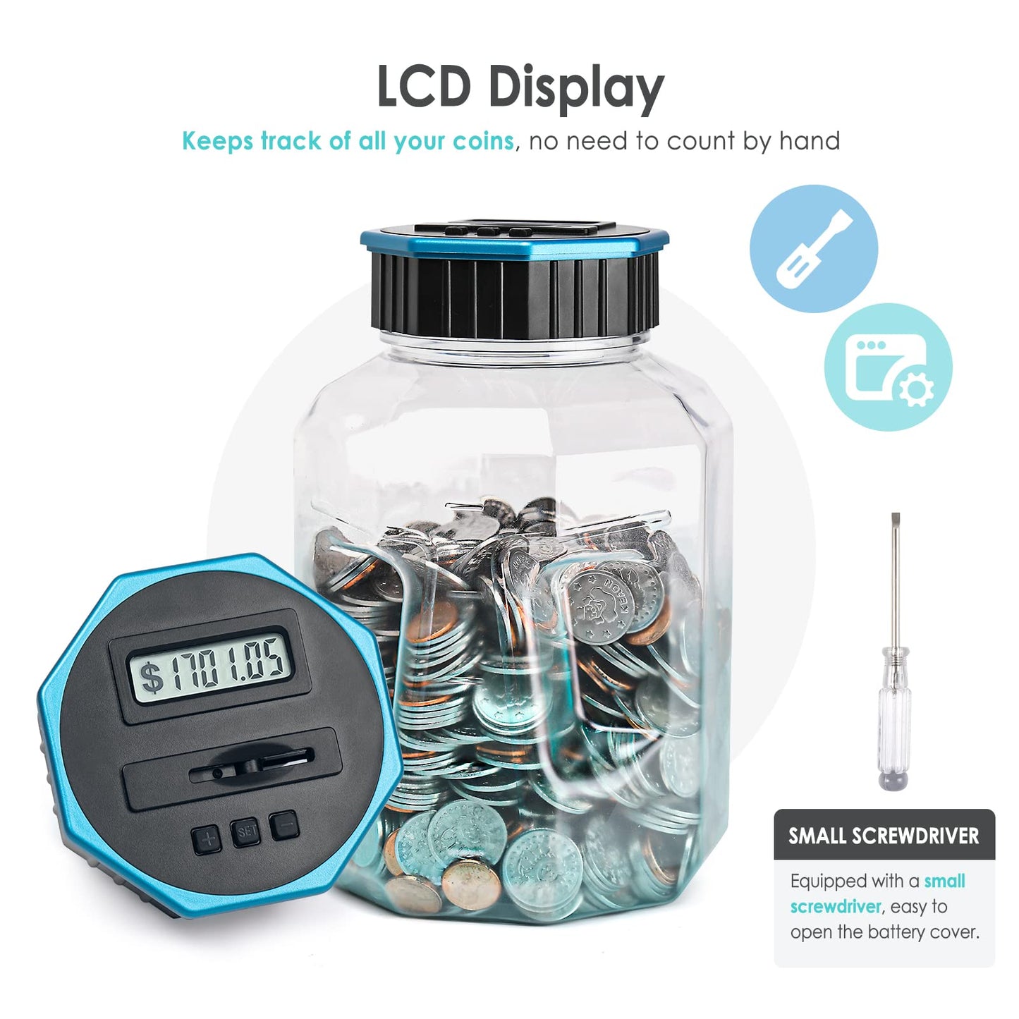 X-Large Piggy Bank For Adults Kids, Vcertcpl Digital Coin Counting Bank With Lcd Counter, 2.4L Capacity, Great Coin Counter Bank Money Counting Jar With Total Amount Displayed (G Blue, X-Large)