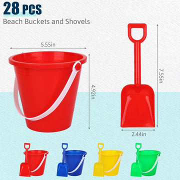 Shindel 28PCS Beach Buckets, Colorful Sand Buckets with Shovels Multi Purpose for Beach, Fun Summer Activities, and Beach Essent