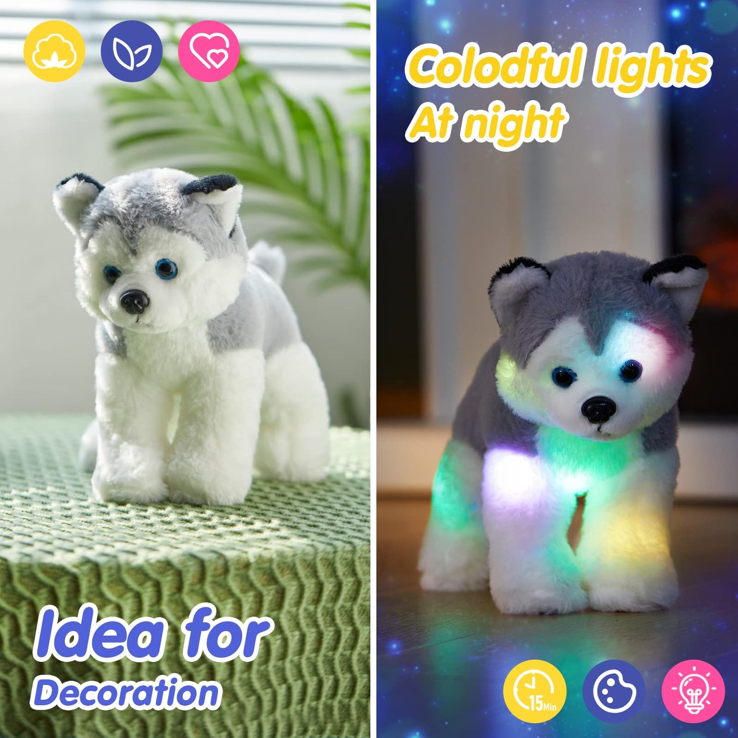 Bstaofy 12’’ Light Up Husky Puppy Stuffed Animal Realistic Led Dog Soft Plush Toy With Night Lights Glow In The Dark Birthday For Toddler Kids