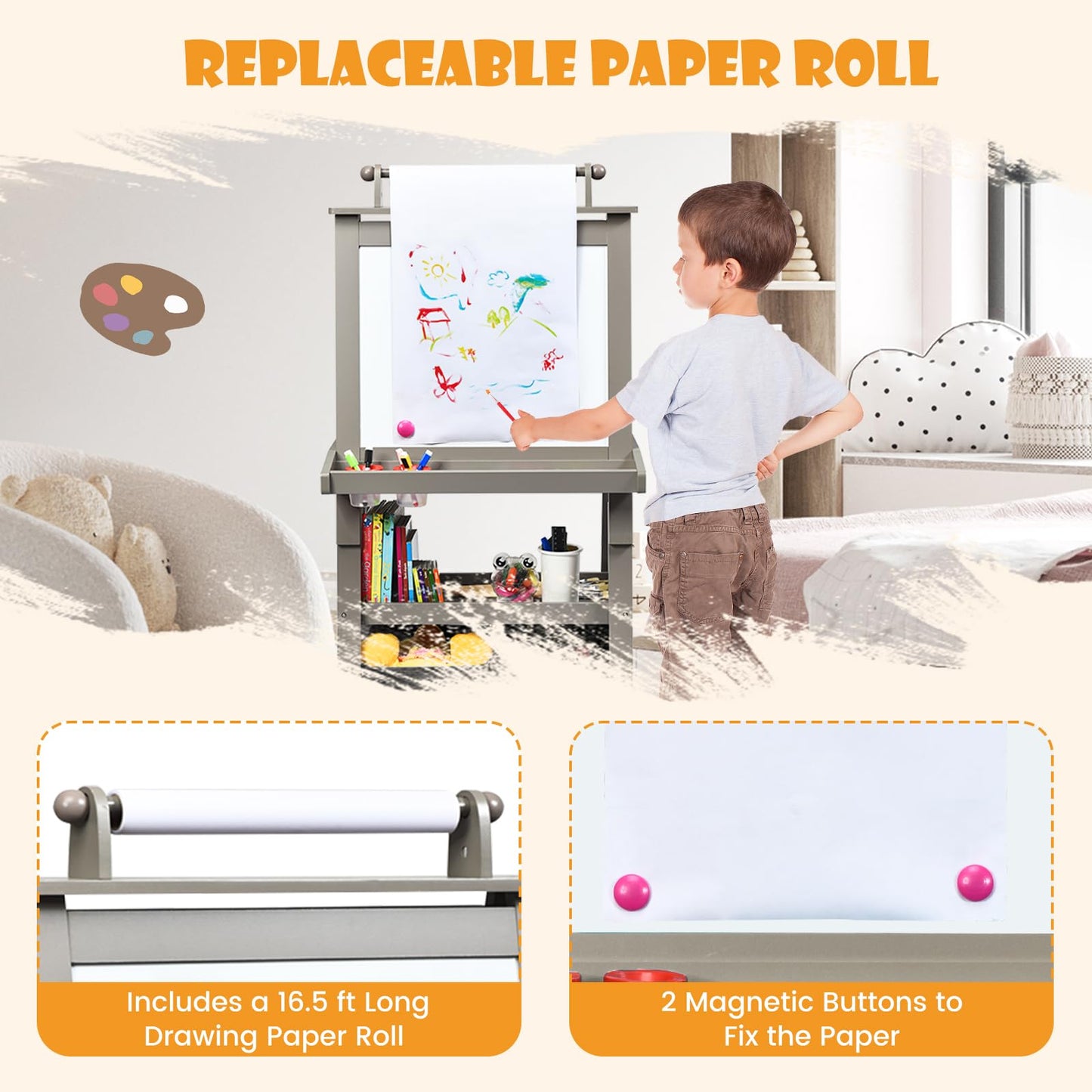 Honey Joy Art Easel For Kids, 3-In-1 Double-Sided Wooden Toddler Easel W/Magnetic White Board & Chalkboard, Paper Roll, 2 Storage Bins, Painting Dry Erase, Kids Easel For Boys Girls Aged 3+ (Gray)