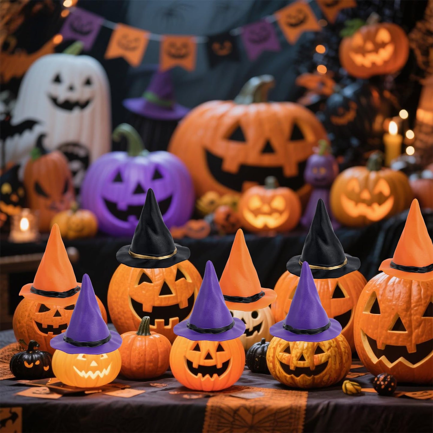 12pcs Plastic Miniature Witch Hats, Mini Small Wizard Hat Ornament Tiny Halloween Dollhouse Miniatures for Haunted House Decor D