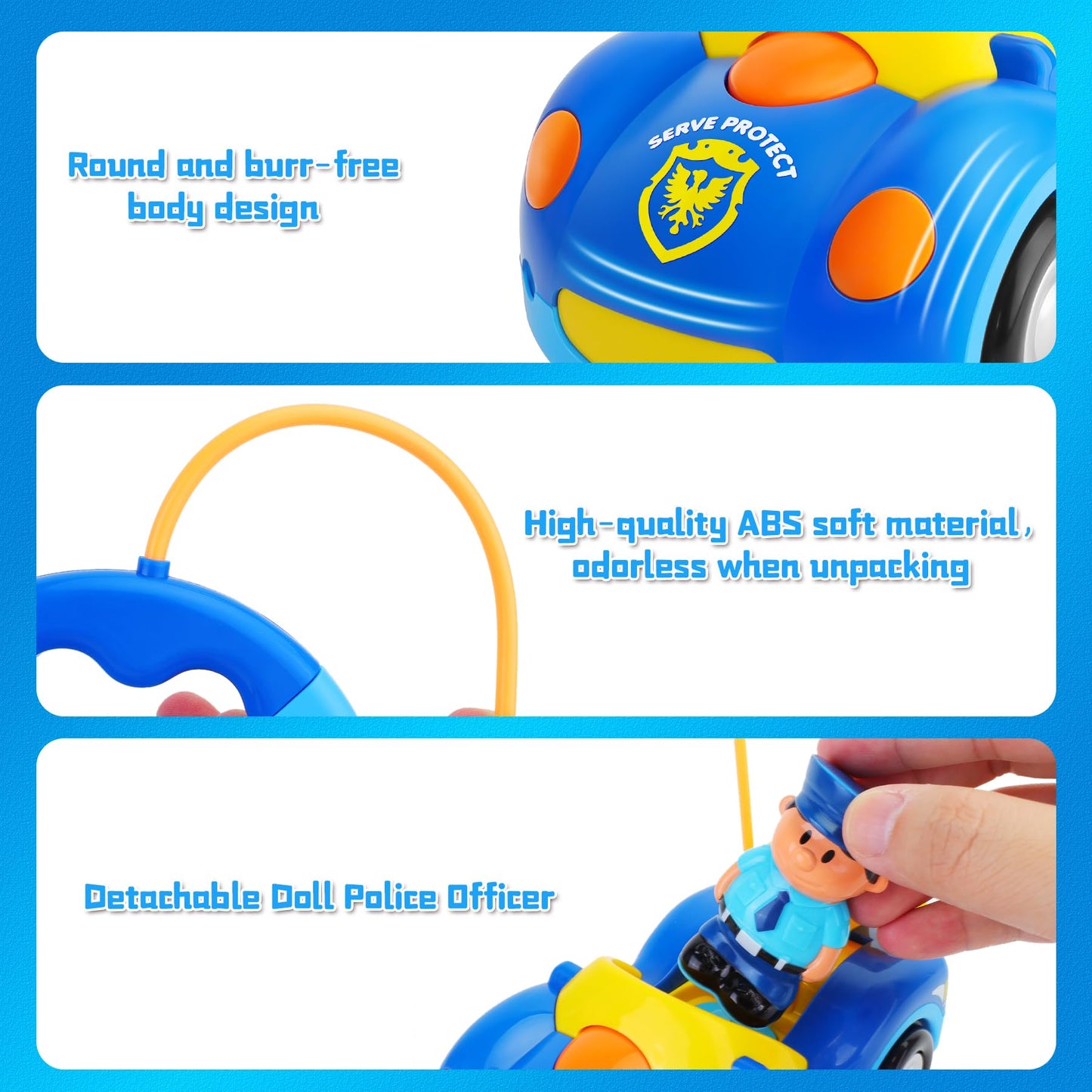 1 Pack Cartoon Remote Control Cars - Police Car & Race Car for Toddlers 2-4 Year RC Distance 164 Feet with LED Lights & Music, T