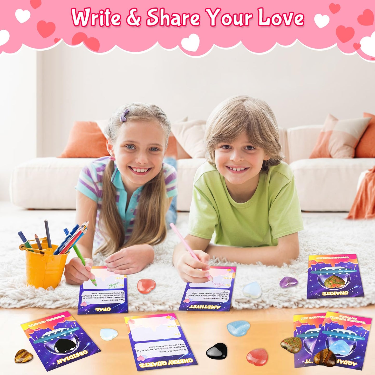 JOYPRO Valentines Day Gifts for Kids Classroom, 28 Pack Valentines Cards Goodie Bags with Heart Stones, Valentine Exchange Gifts