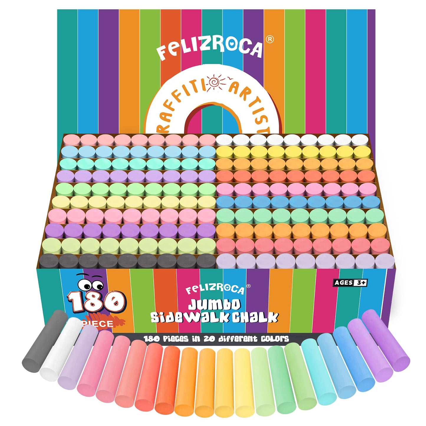 Felizroca 180Pcs Sidewalk Chalks Set In 20 Colors, Washable Coloured Chalk, Pavement Chalk, Jumbo Chalk Toddler, Non-Toxic Chalks, Outdoor Chalks For Kids