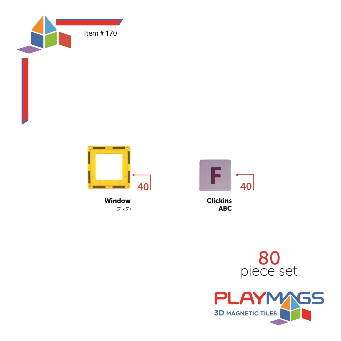 Playmags Magnetic Tile Building Set: Exclusive Educational Clickins – 80-Pc. Kit: 40 Super Strong Clear Color Magnet Tiles Windows & 40 Letters & Numbers – Stimulate Creativity & Brain Development
