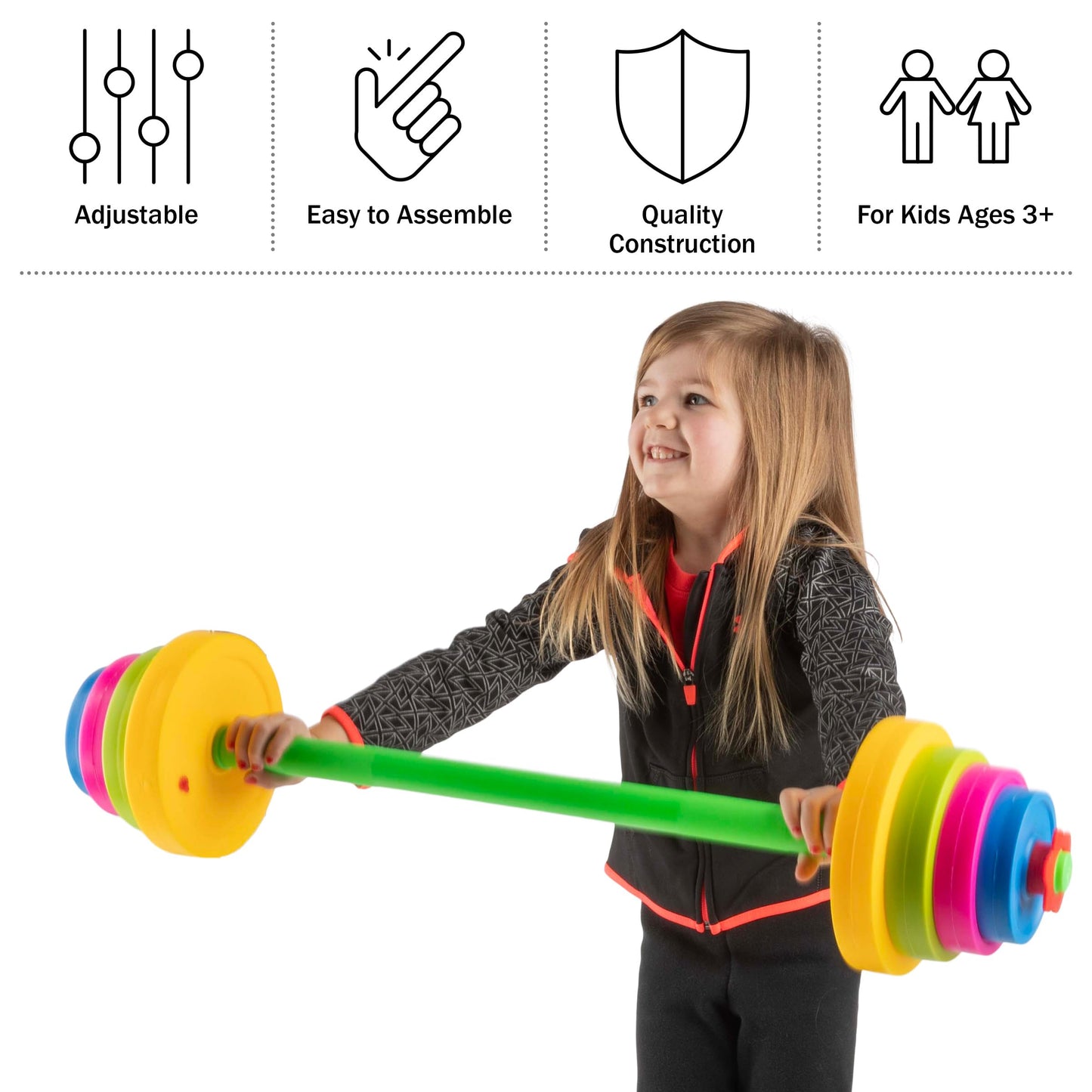 Kids Weight Set - Barbell With 8 Adjustable Plates - Kids Indoor Play Gym Toddler Workout Set - Baby Weights Toys For Age 3 And Up By Hey Play