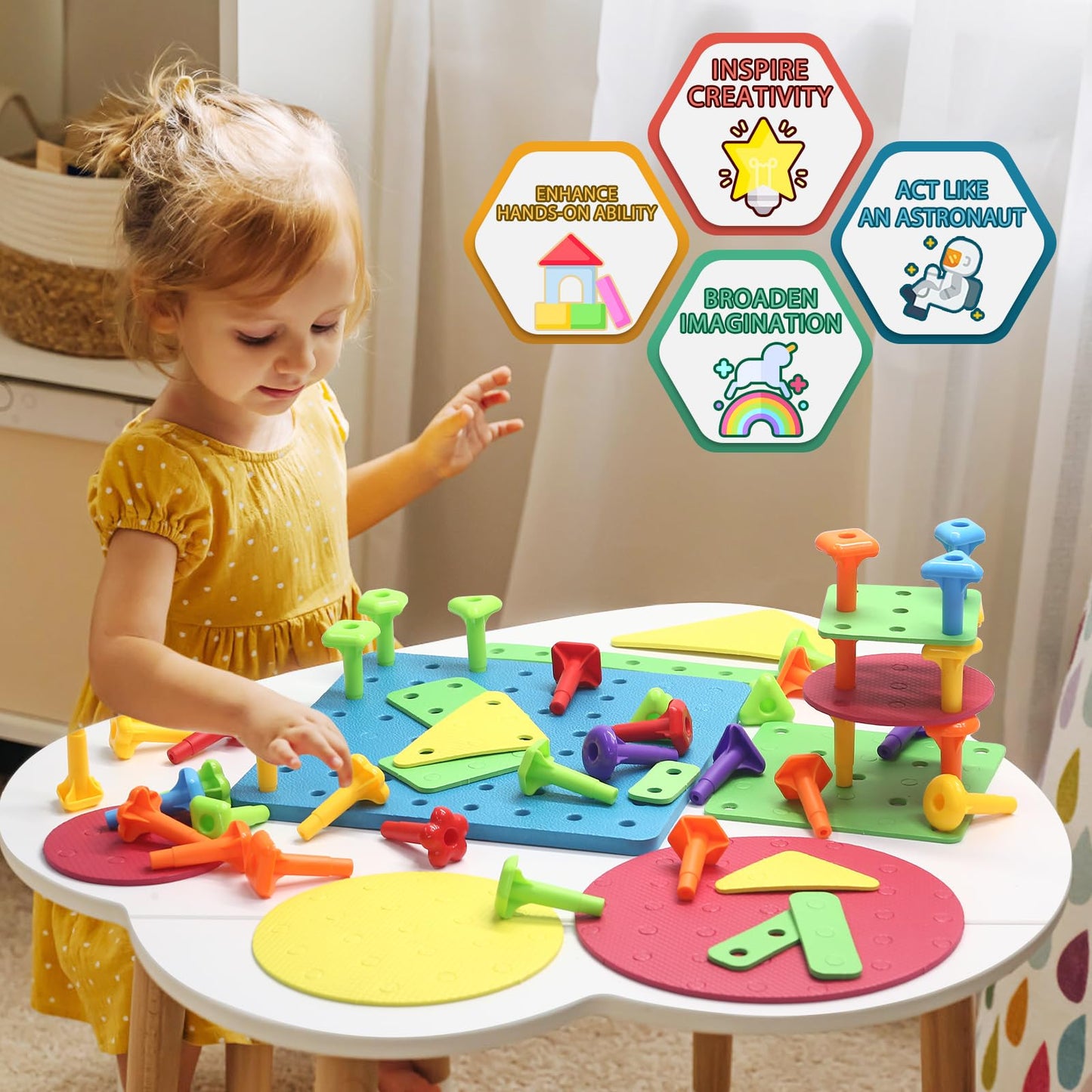 Peg Board Toy Set 65Pcs Diy Building Stacking Toys For Kids 3-6 Years Old,Stem Educational Kids Toys For Brain Development,Monte