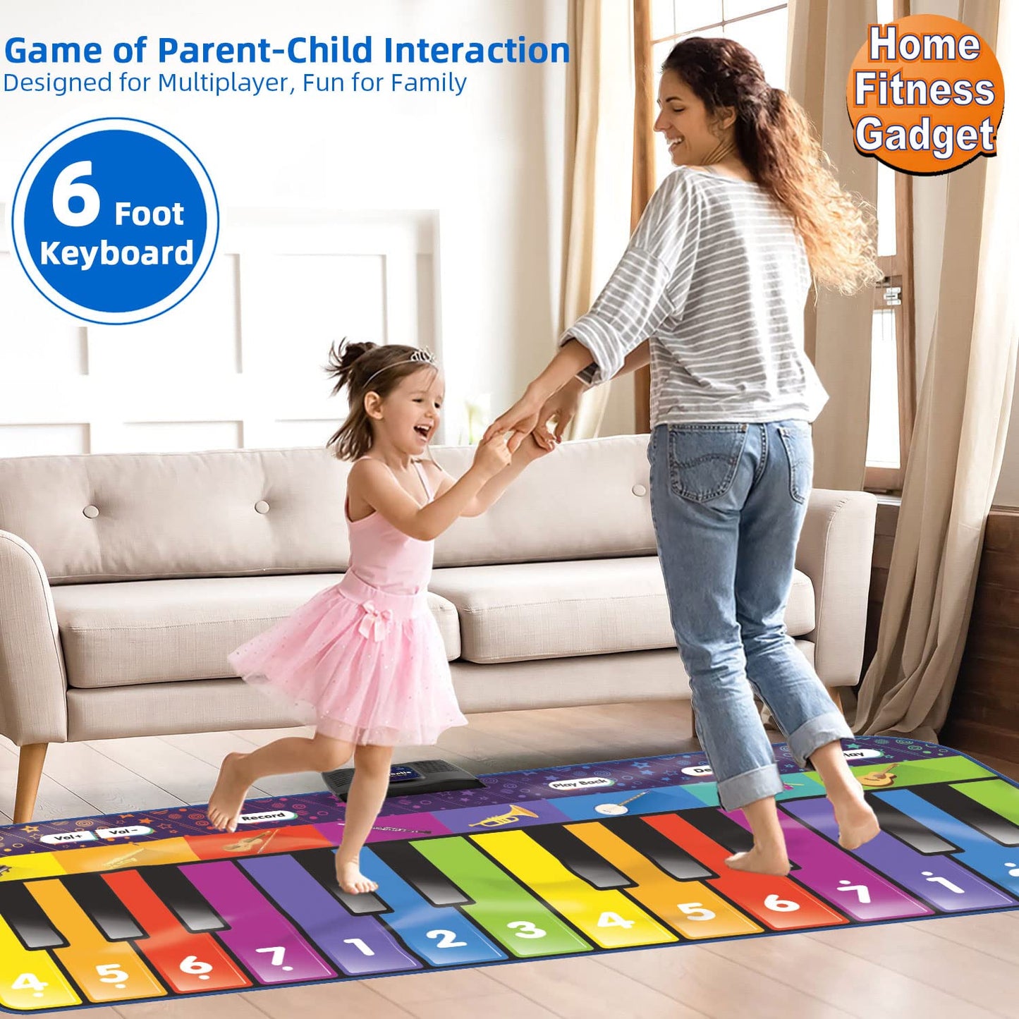 Sunlin 6 Ft. Floor Piano Mat For Kids & Toddlers, Giant Piano Mat, 24 Keys, 10 Built In Songs, 8 Instrument Sounds, Record & Playback, Song Booklet, Musical Toy Gift For Boys & Girls Age 3 4 5 6 7 8 9