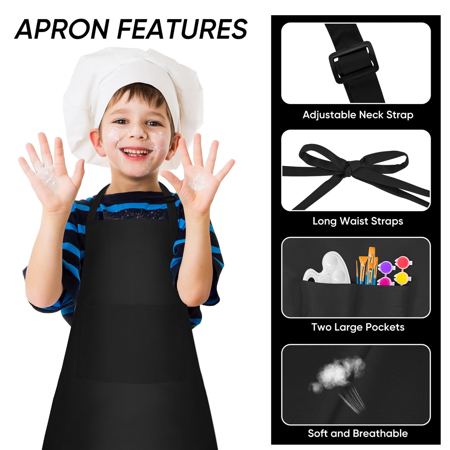 NACHLYNN 10 Pieces Kids Aprons Adjustable Toddler Apron with 2 Pockets for Kids Painting Cooking Baking Crafts Activity (Black)