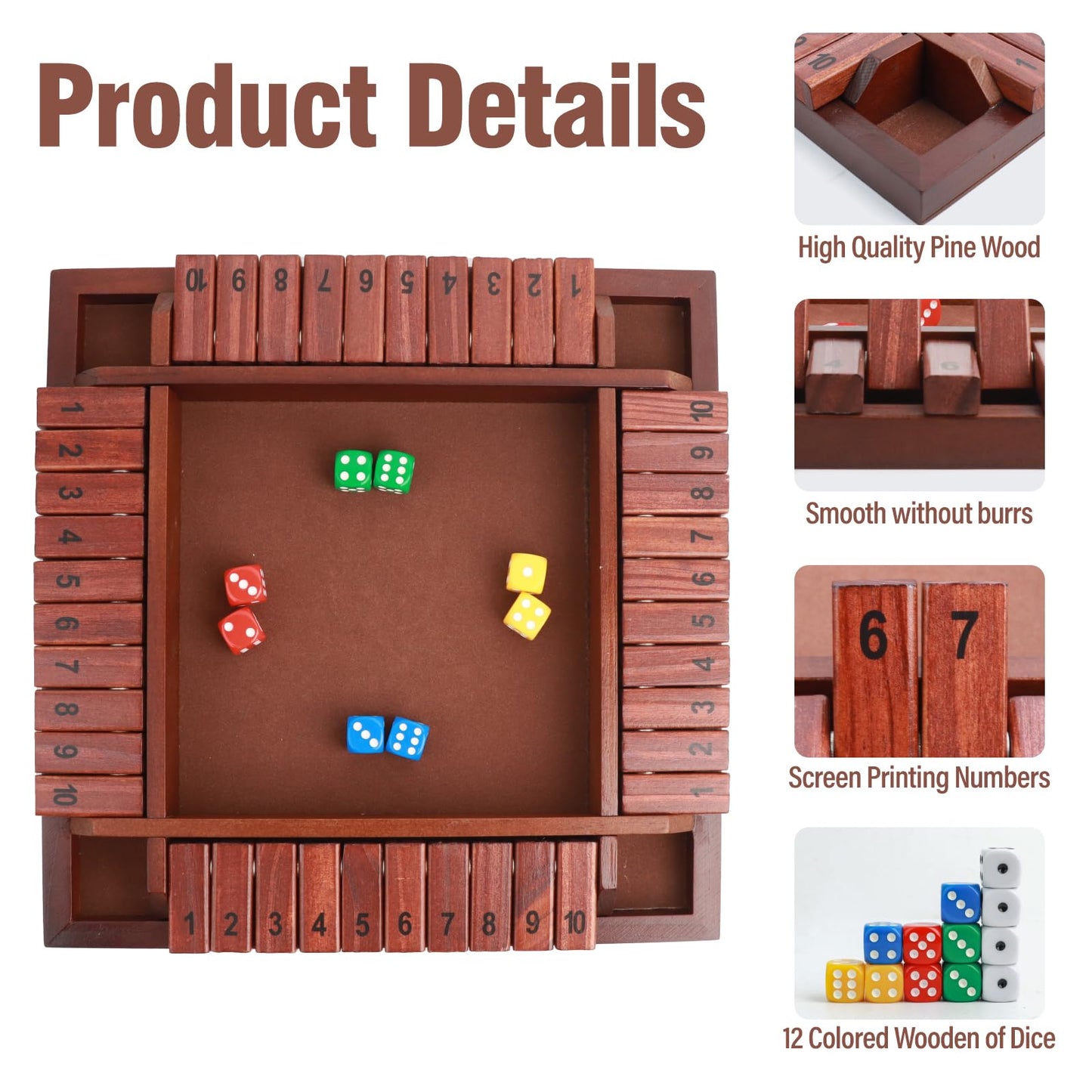 Merrypony Shut The Box Game Wooden 4 Player, 12 Inch Close The Box Game Wooden Board Games With 12 Dice, Table Math Games Number