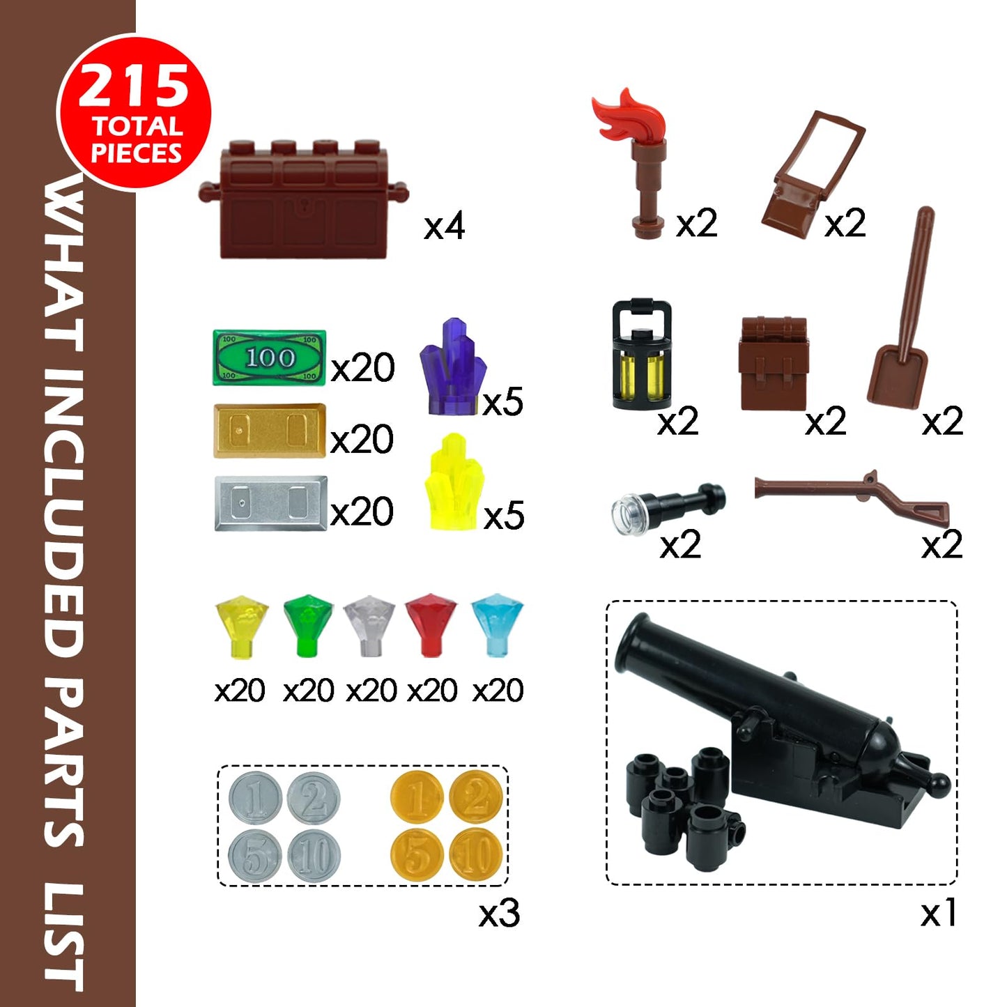 Pirates Treasure Chest Money Dollars, Silver Golden Gems Crystals Bag Torch Cannon Bricks Accessories Pack, Building Blocks Toys