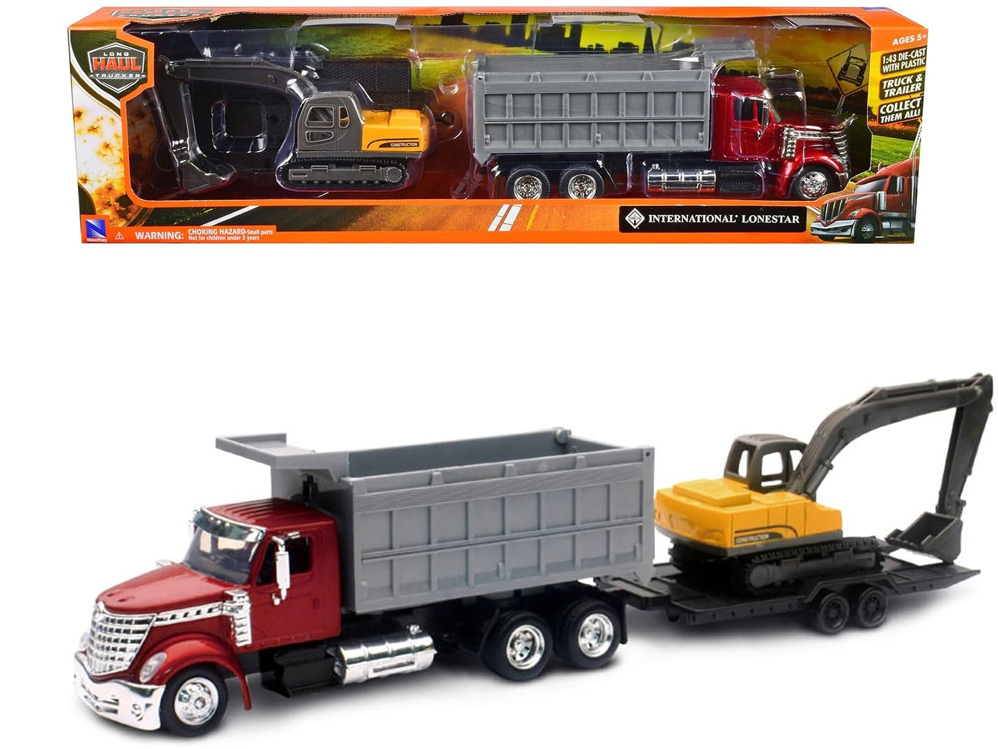 New Ray Toys Dump Truck with Excavator 1:43 Scale Diecast Model 16623, Red
