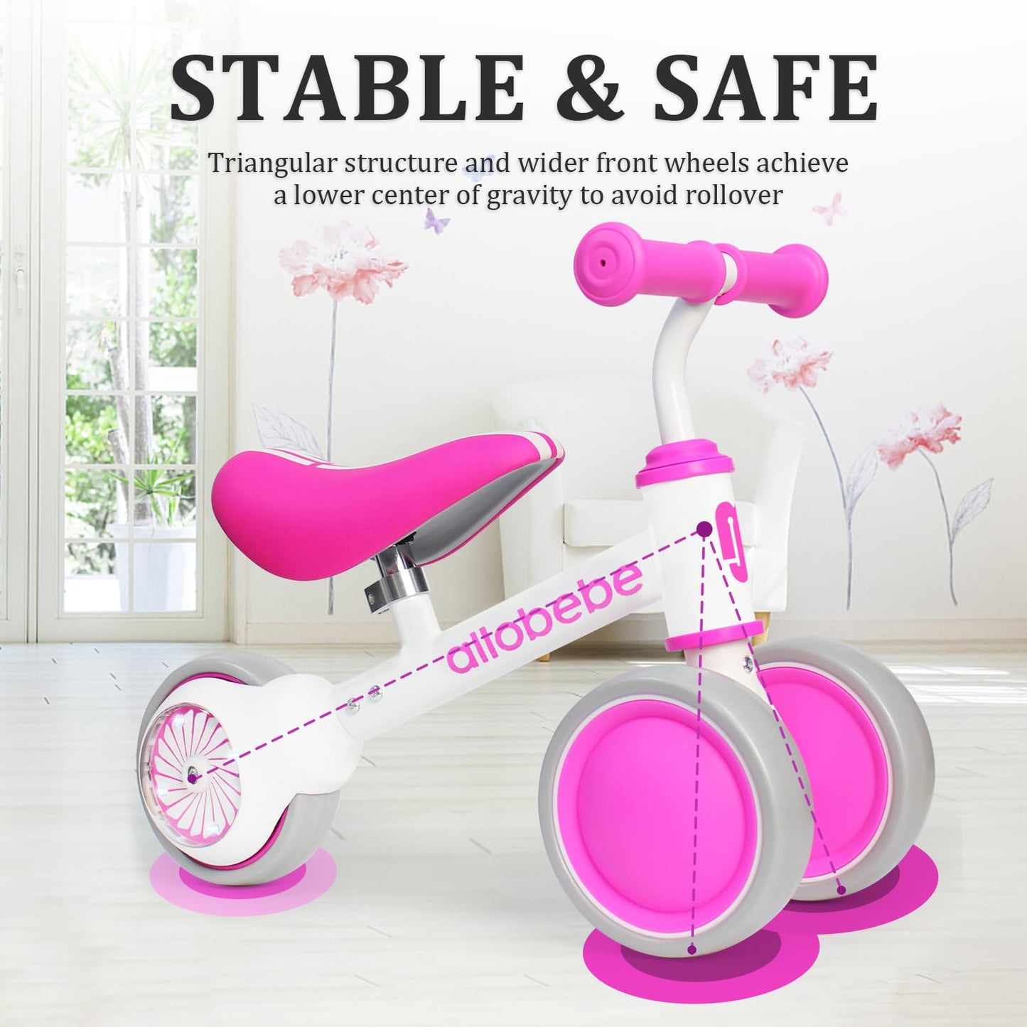 Allobebe Baby Balance Bike, Baby Walker 12-36 Months Gifts For 1 Year Old Girl, Toddler Bike To Train Baby From Standing To Running With Adjustable Seat, Flash Light Rear Wheel