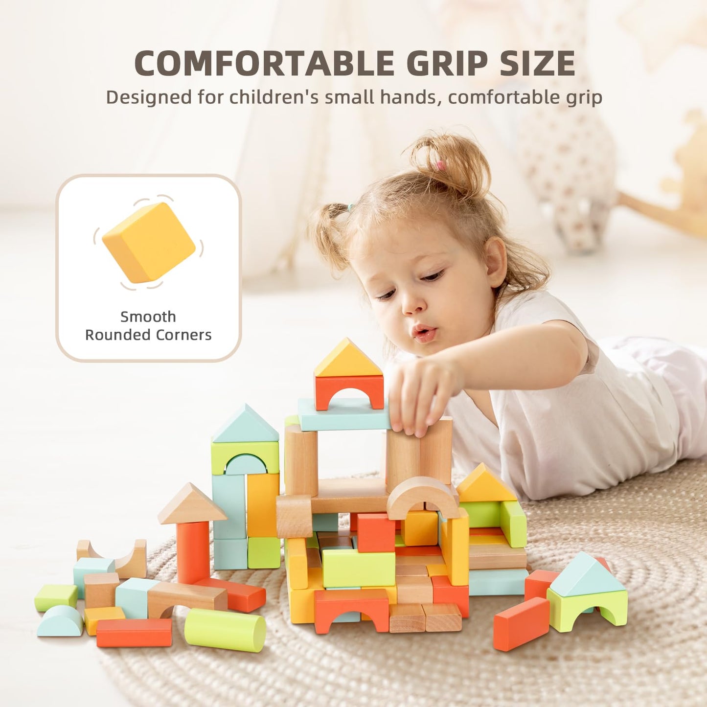 Oook 100Pcs Building Blocks For Toddlers 1-3, Wooden Blocks For Kids With Storage Bucket And Shape Sorter Lid, Montessori Toys F