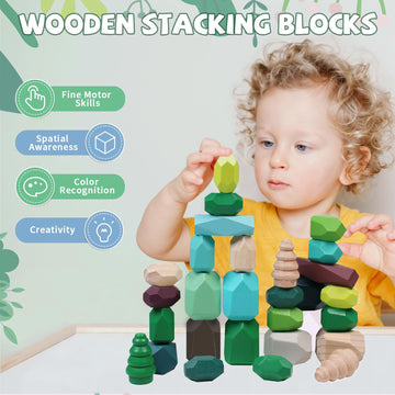 Yhhytoy 40 Pcs Wooden Stacking Rocks Building Blocks Forest Theme, Sensory Learning Montessori Toys For 3 4 5 Year Old Kids, Pre