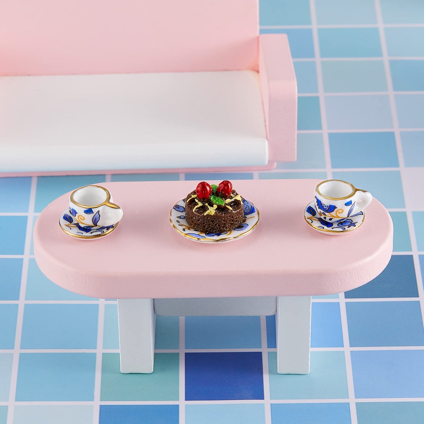 15 Pieces Miniature Porcelain Tea Cup Set Kitchen Miniature Porcelain Set Mini Flower Pattern Teapot Cup Plates Dollhouse Kitchen Accessories(Retro Flower Style)
