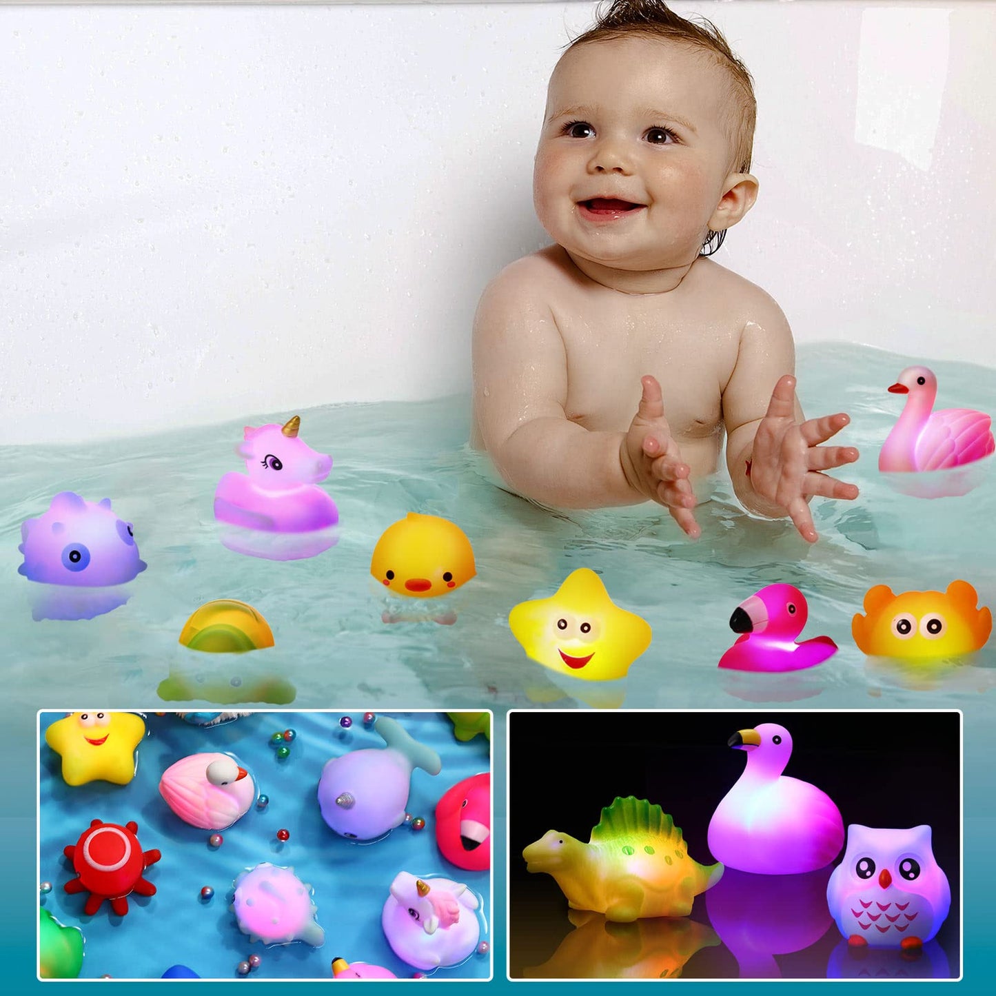 24 Packs Baby Bath Light Up Toys, Floating Rubber Animal Toys For Toddlers Infant Kids Boys Girls Flashing Color Changing Light