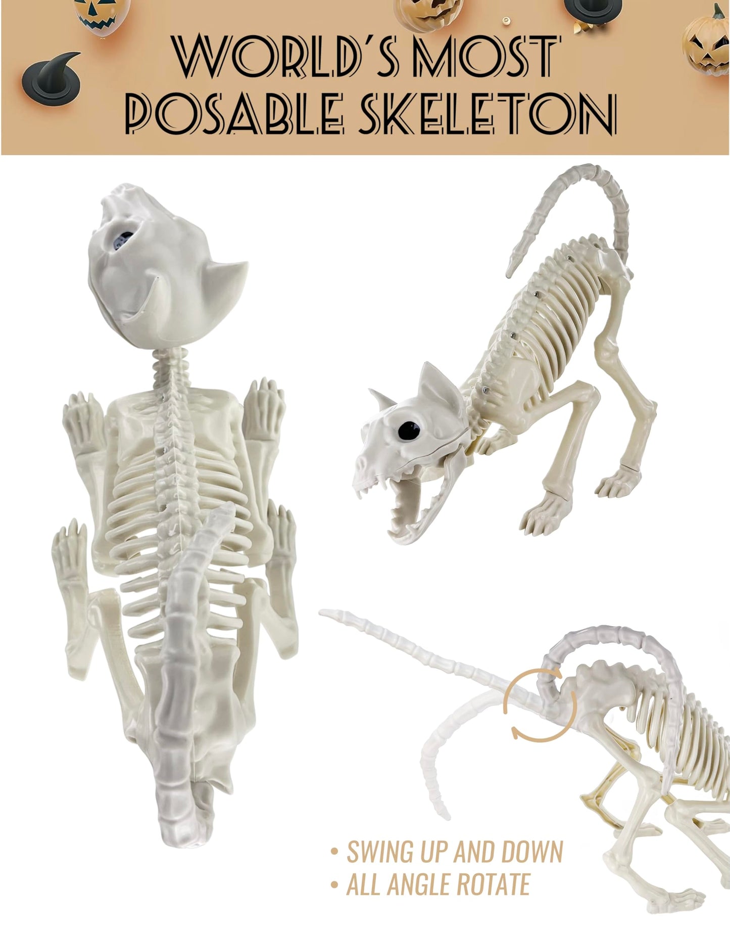 Giftexpress 2 Pack Real Size Cat Skeleton - 20'' Long Creepy Kitten Skeletons With Posable Tail Halloween Decor - Indoor & Outdo