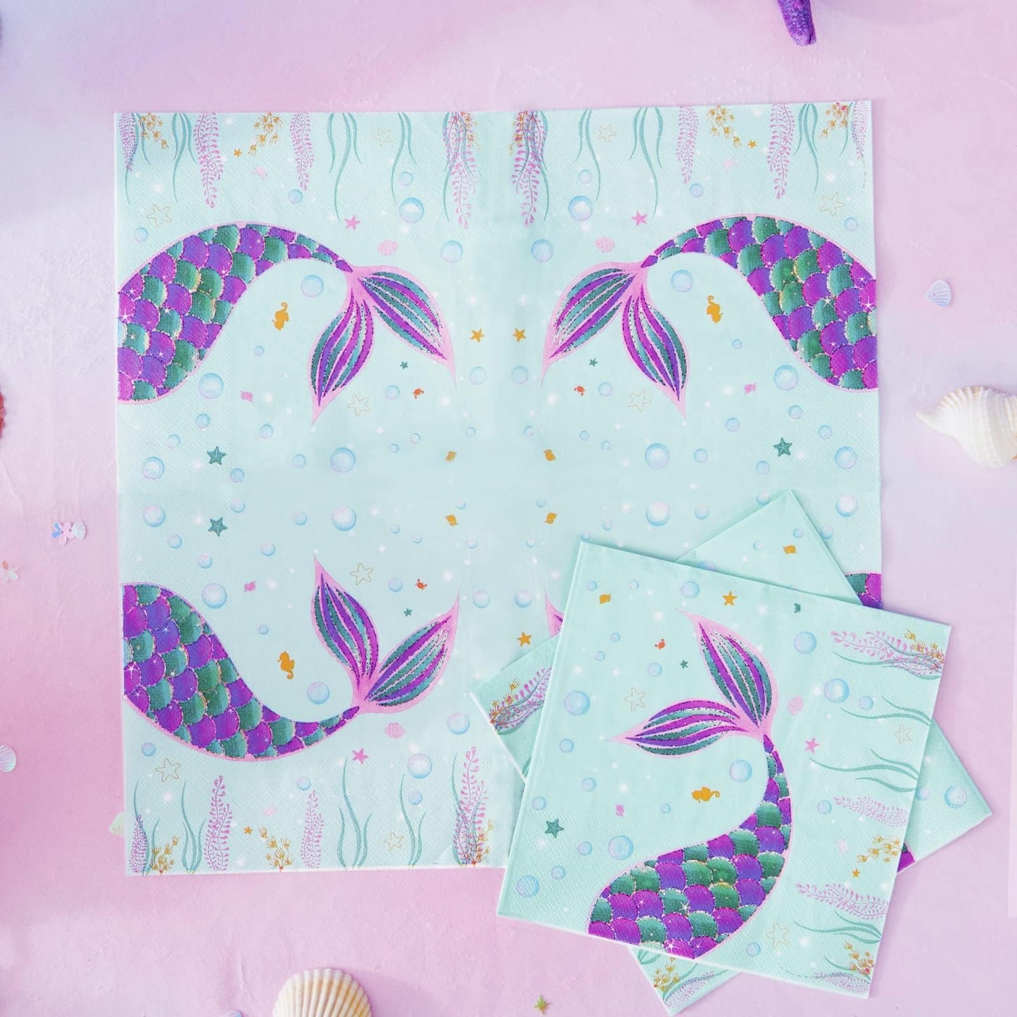 Wernnsai 50Pcs Mermaid Party Napkins - Mermaid Birthday Party Decorations Kids Princess Birthday Paper Napkins Disposable 3-Ply Tails Dinner Napkins For Girls Birthday Under The Sea Pool Party