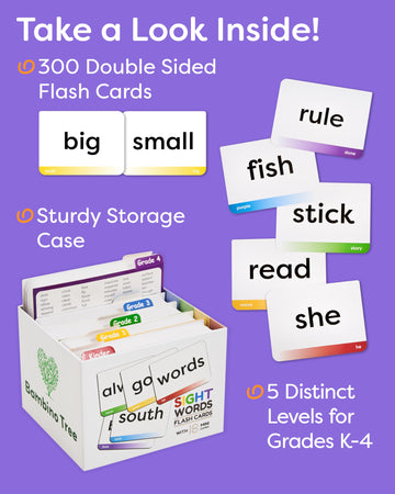 The Bambino Tree Sight Words Flash Cards Kindergarten - 600 Words From Dolch'S And Fry'S Sight Word List On Thick Durable Large Flash Cards With Sorting Corner And 18 Learning Mini Games