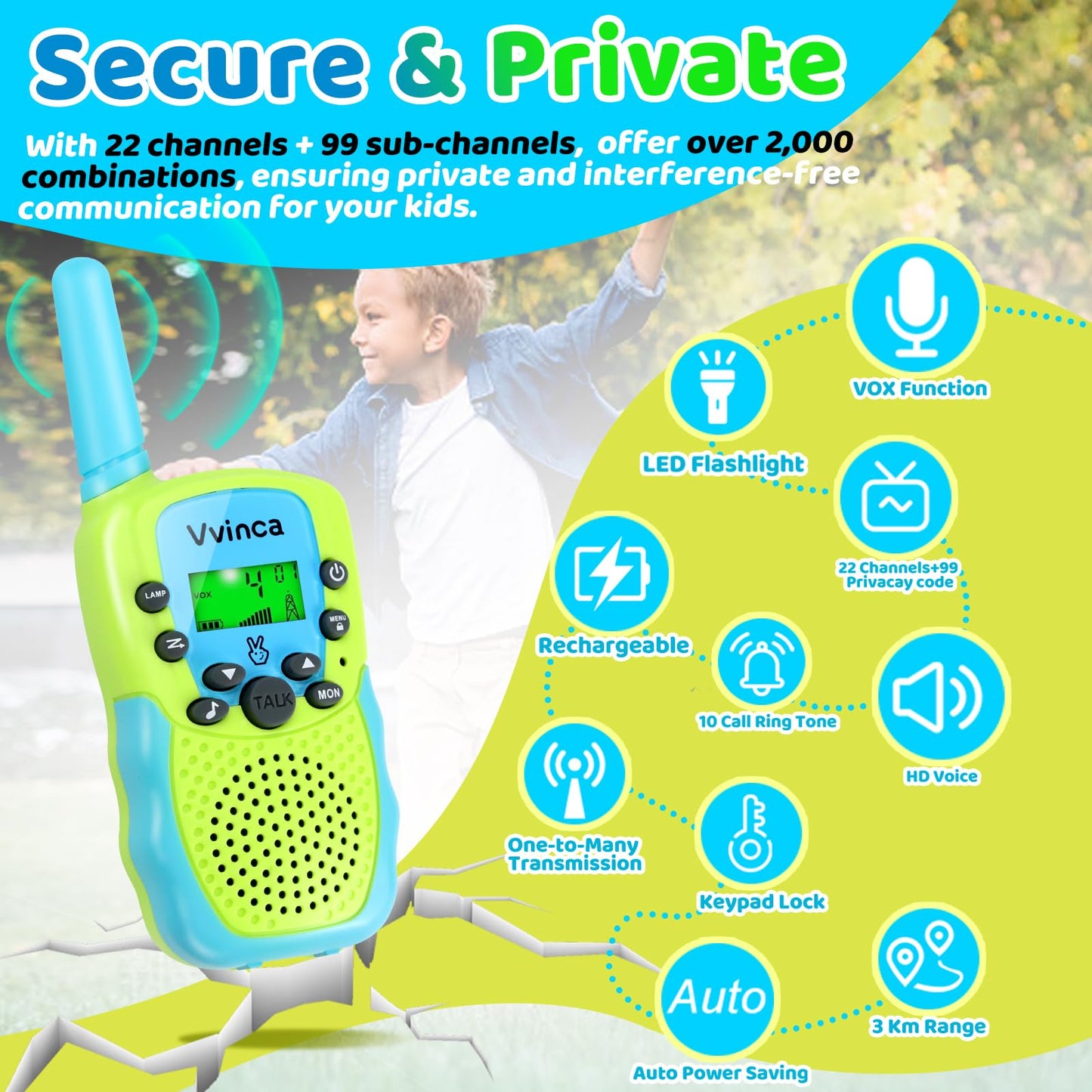 Vvinca Walkie Talkies For Kids Rechargeable Toys For Ages 5-7, Long Range 22 Channels 2 Way Kids Walkie Talkie With Flashlight F