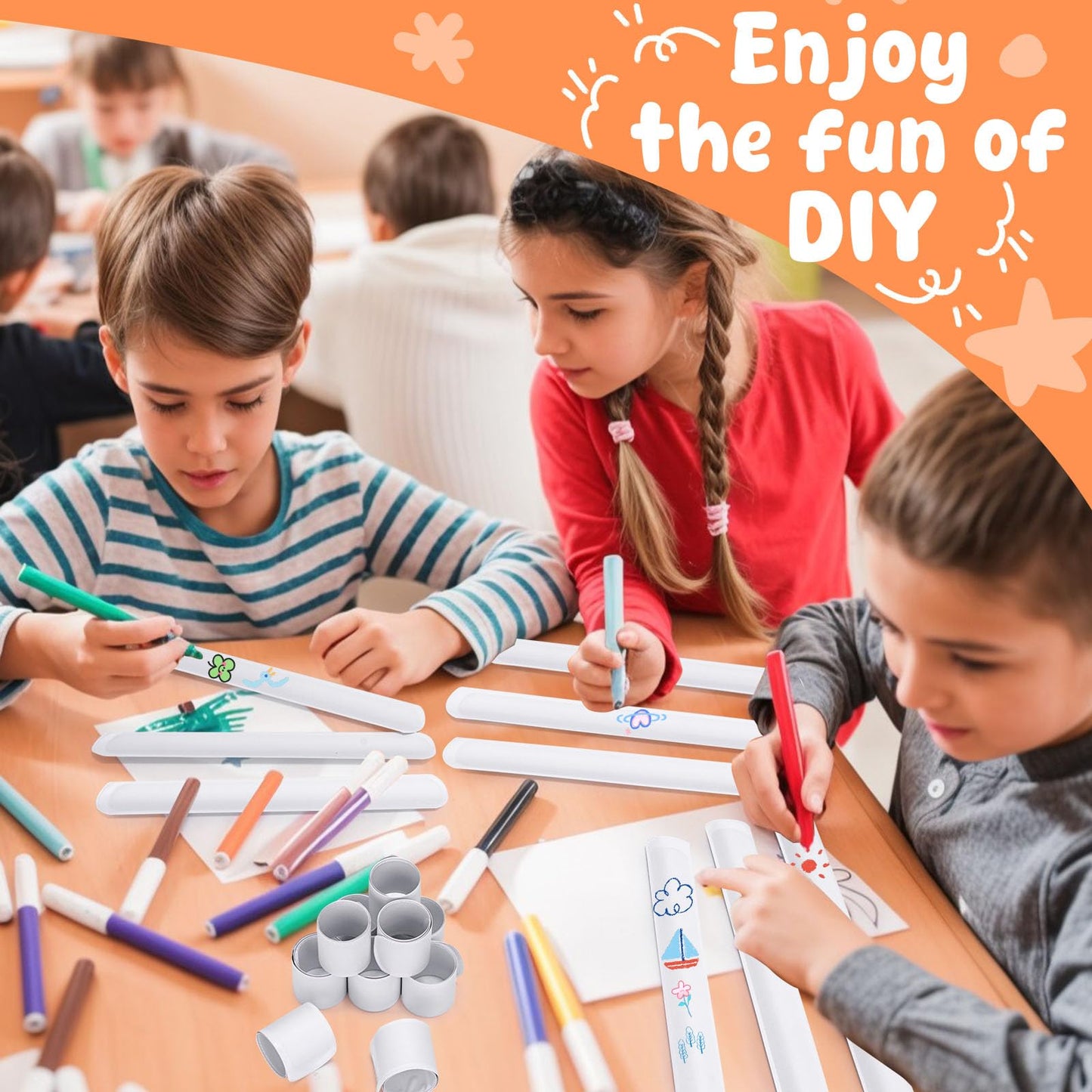 LovesTown 48PCS Slap Bracelets White, Party Slap Bracelets DIY Wrist Bands Bulk Blank Snap Band for Kids Birthday Party Favors S