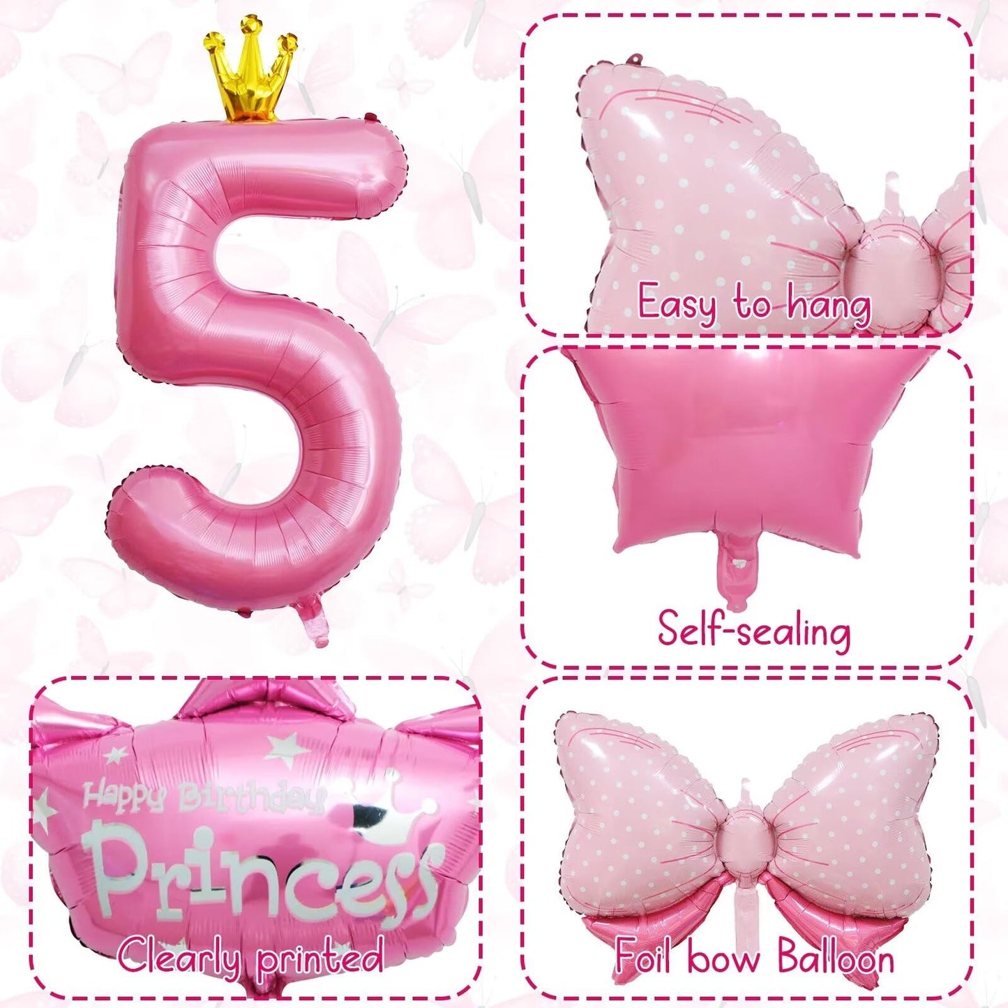 5Th Birthday Decorations For Girls, Pink 5Th Birthday Balloon Set With 40 Inch Pink Number 5, Large Helium Foil Mylar Crown Balloon, Pink Bow Foil Balloons For Baby Girl Daughter First Birthday Party