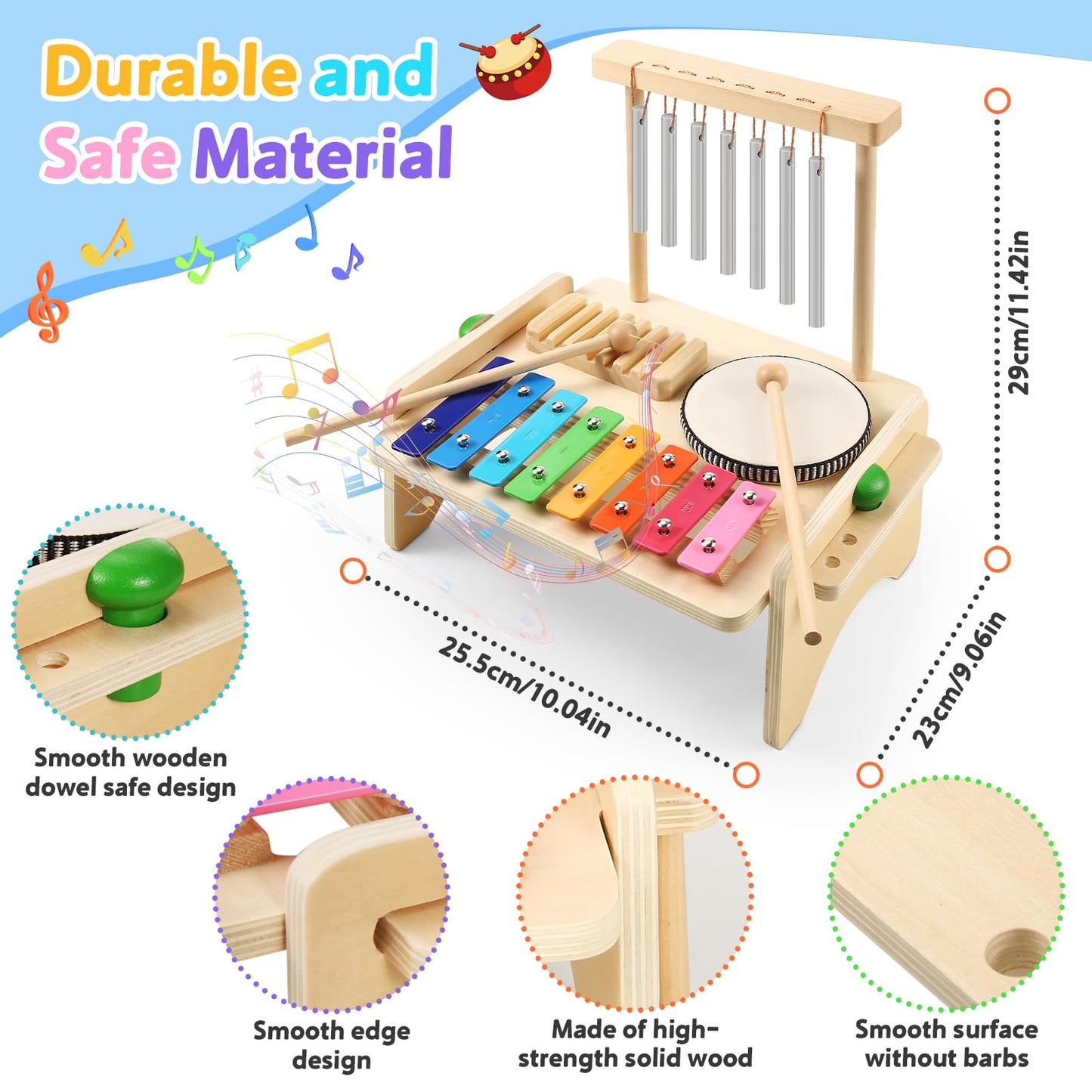 Kids Drum Set,Baby Musical Instrument For Toddler,Wooden Xylophone For Toddlers With Baby Drum Set And Wind Chime,Montessori Mus
