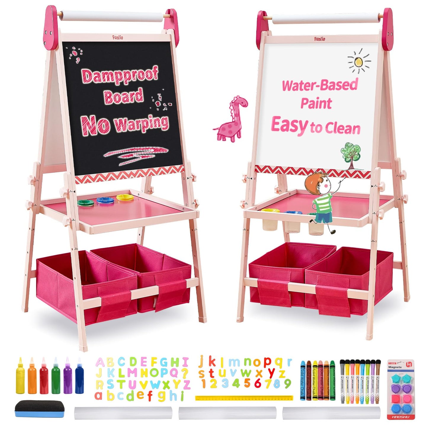 Funlio Anti-Warping Kids Art Easel, 3 Height Adjustable For Kids Aged 2-8, All-In-One Toddler Easel With Paper Roll & Erasable Frame, Standing Easel With Magnetic Chalkboard/Whiteboard (Pink)