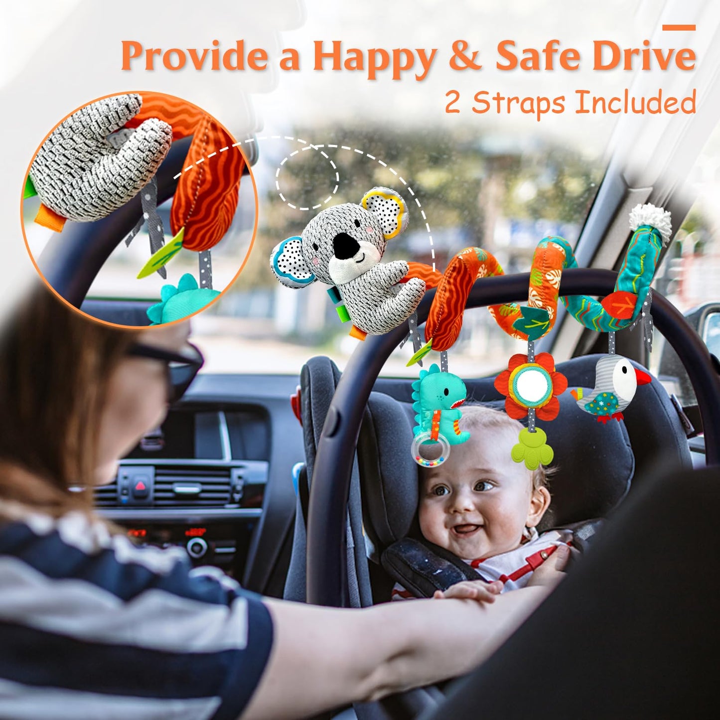 Xixiland Car Seat Toys Baby Toys 0-3 Months Developmental, Stroller Toys Infant Toys 0-6 Months Newborn Toys, Carseat Toys For Infants 0-12 Months With Dinosaur, Lion Mirror, Teether