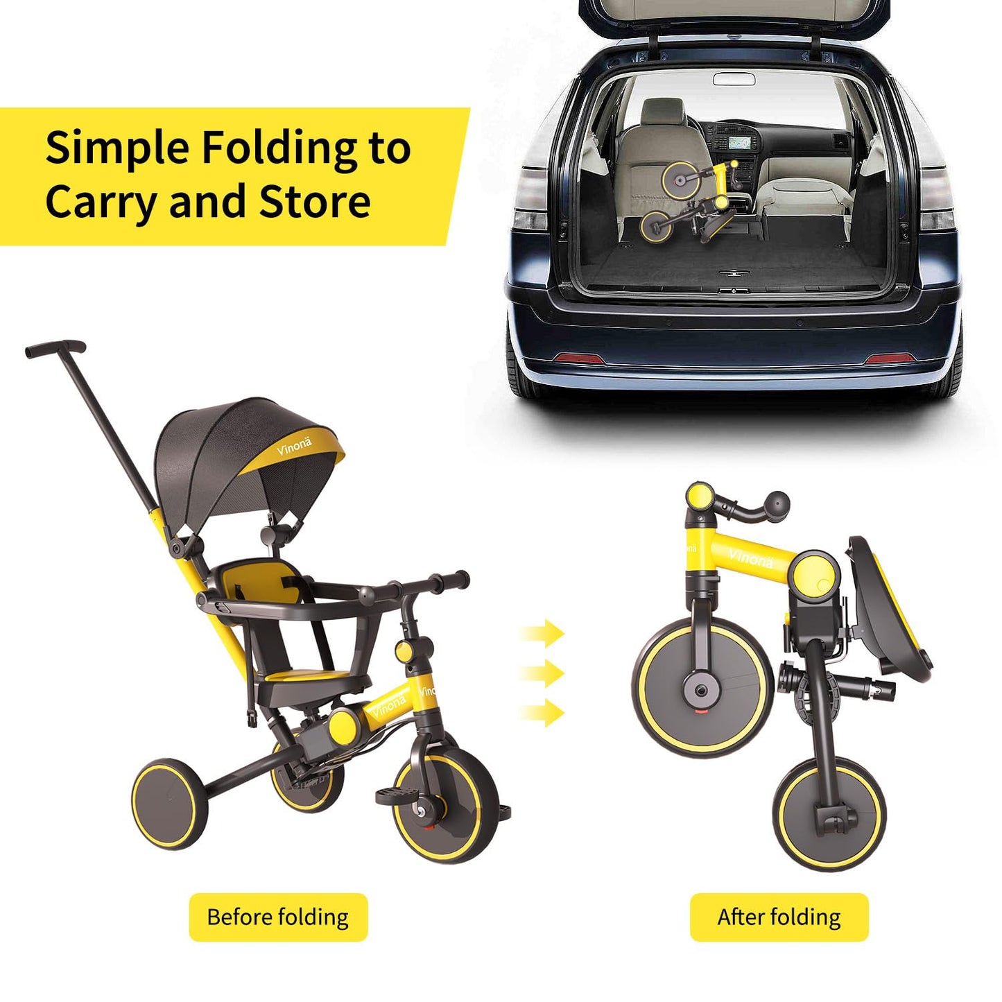 Tricycle for Toddlers 1-3, 6 in 1 Toddler Balance Bike for Boy Girl, Folding Toddler Tricycle with Push Handle, Removable Canopy