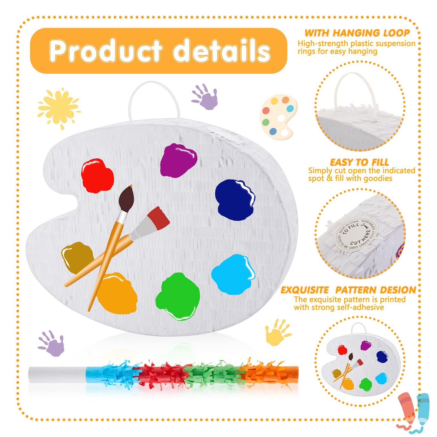 15.7 Inch Art Palette Piñata Small Paint Art Piñata With Piñata Stick Confetti Blindfold For Boys Girls Birthday Party Art Painting Party Favors Classroom Prizes Stocking Stuffers Paint Party Supplies