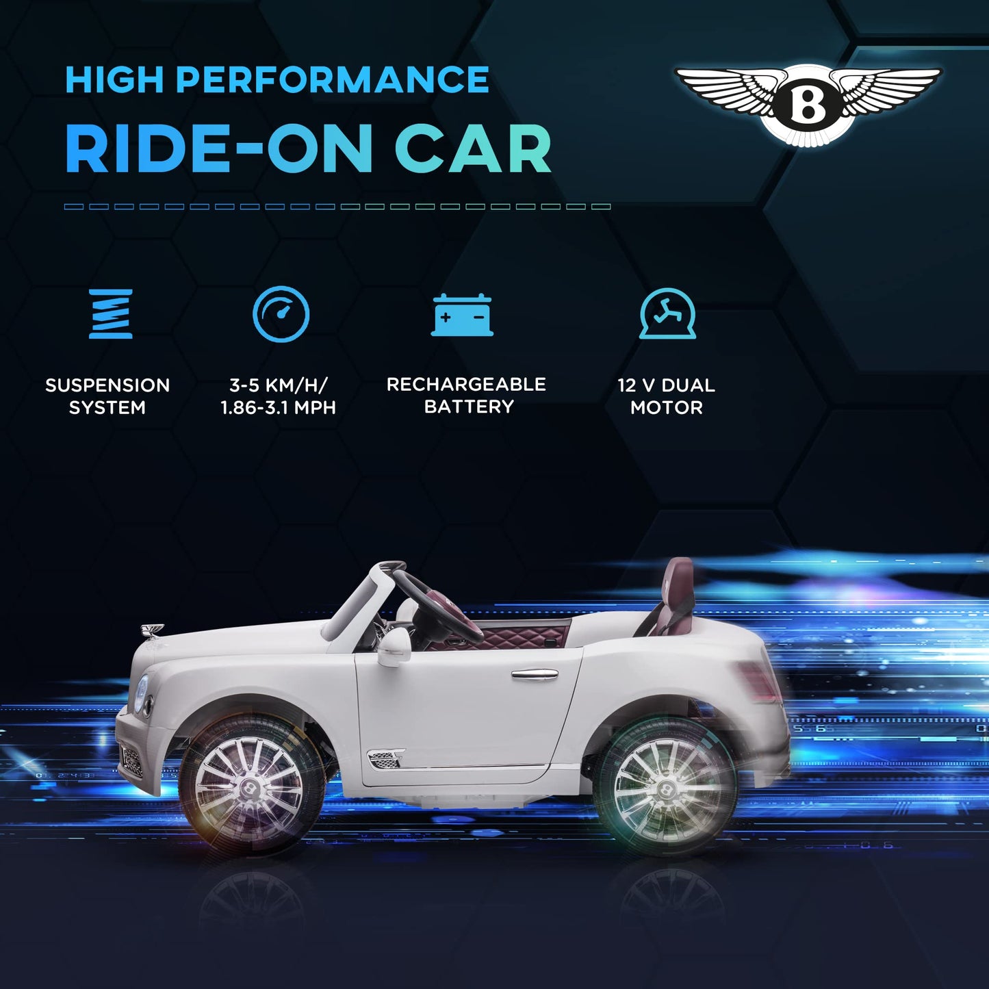 Aosom Bentley Mulsanne 12V Ride On Car, Battery Powered Car With Remote Control, Suspension, Startup Sound, Led Lights, Mp3, Horn, Music, Forward And Backward, 2 Motors, White
