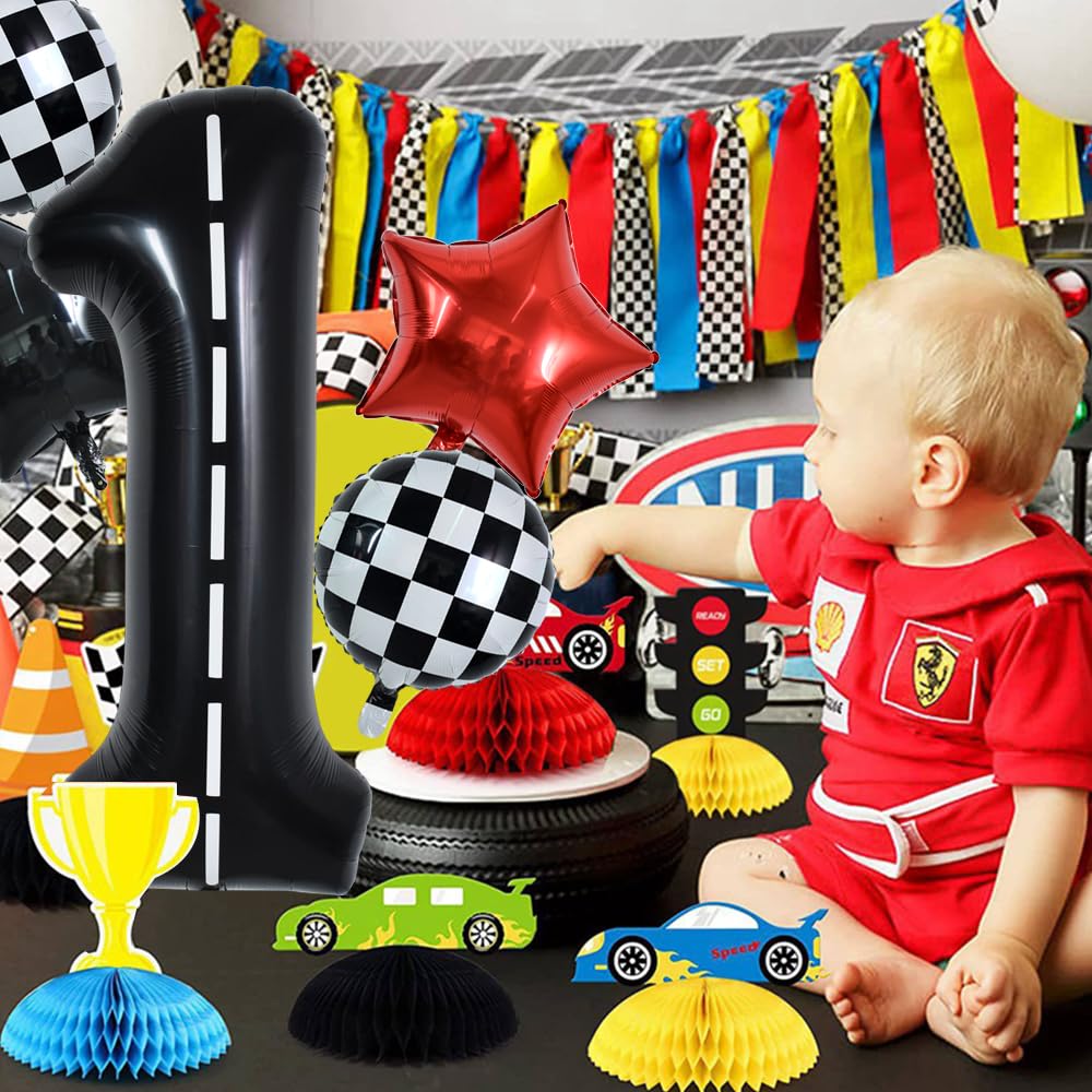 Toniful 40 Inch Race Car 1St Birthday Balloons Racetrack Number 1 Black Balloons Wheel Tire Balloons Black White Checkered Ballo