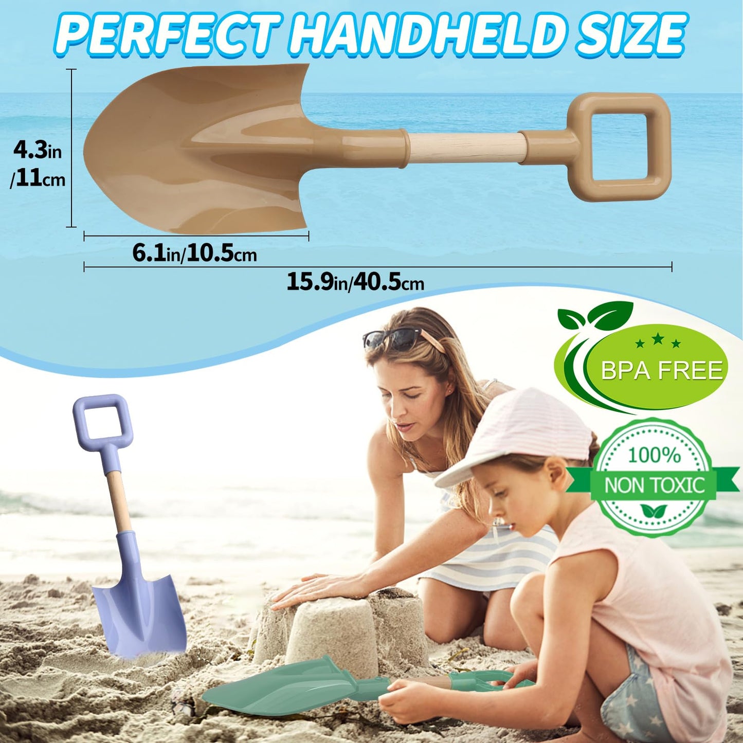 16'' Wood Beach Sand Shovel Toys for Kids Adults, Heavy Duty Beach Toys Shovels for Sandbox Table, Sand Toy Shovel for Shoveling