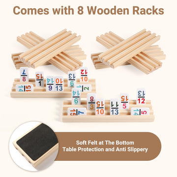 Mexican Train Dominoes Set with Numbers and 8 Wooden Trays/Racks, Double 15 Dominos Travel Set with 8 Tiles Holders, 136 Tiles D